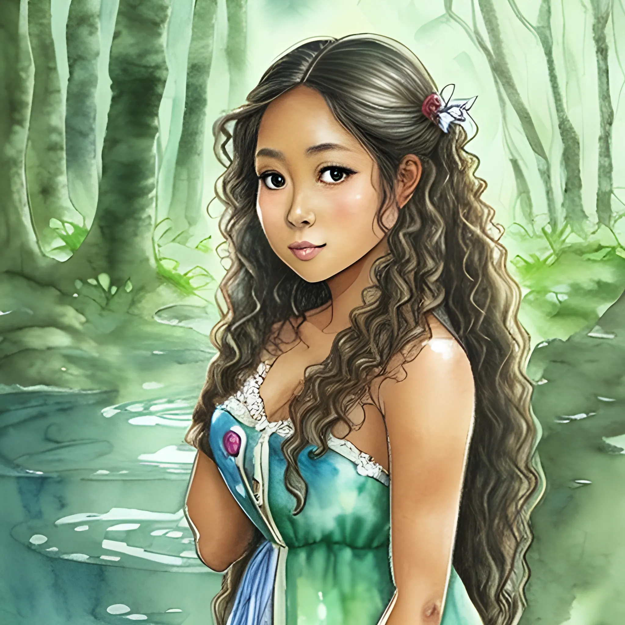 Thick tanned skin beautiful Filipina woman with shoulder length curly hair and button nose, fairy in the woods,, Water Color