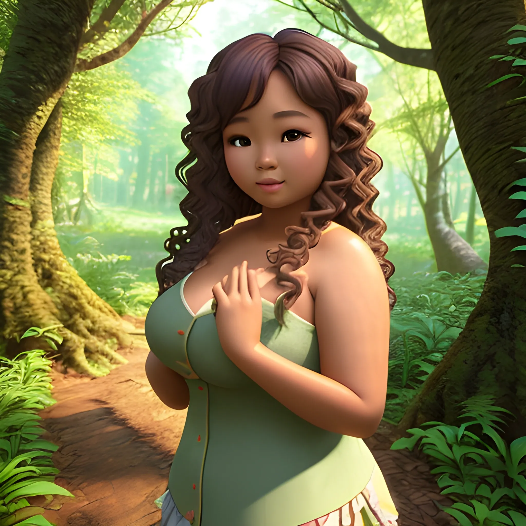 Thick tanned skin beautiful chubby filipina woman with beautiful curly hair and flat button nose, fairy in the woods, 3D