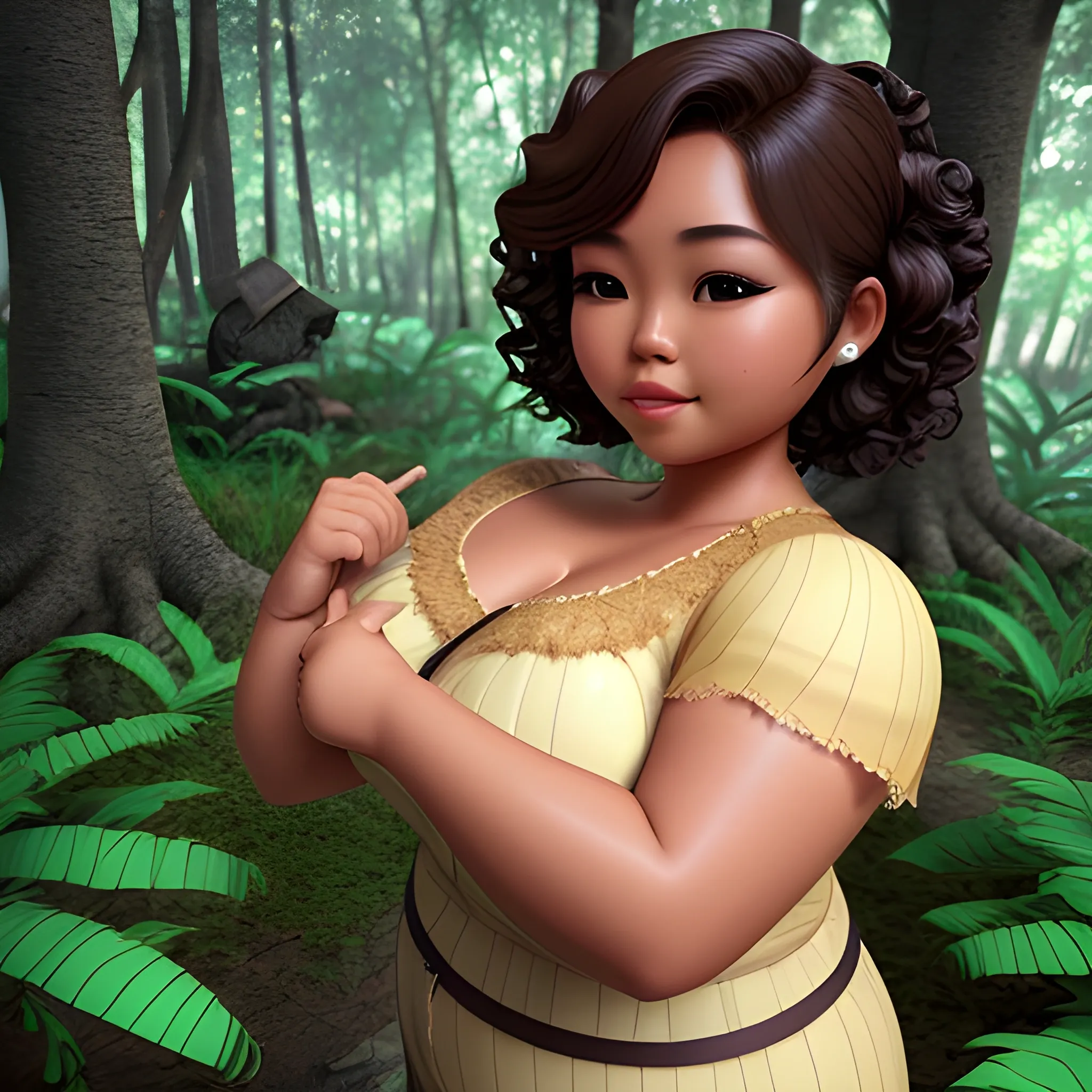 Thick tanned skin beautiful gorgeous chubby filipina woman, with a short curly hair, long eyelashes and flat button nose, fairy in the woods, 3D