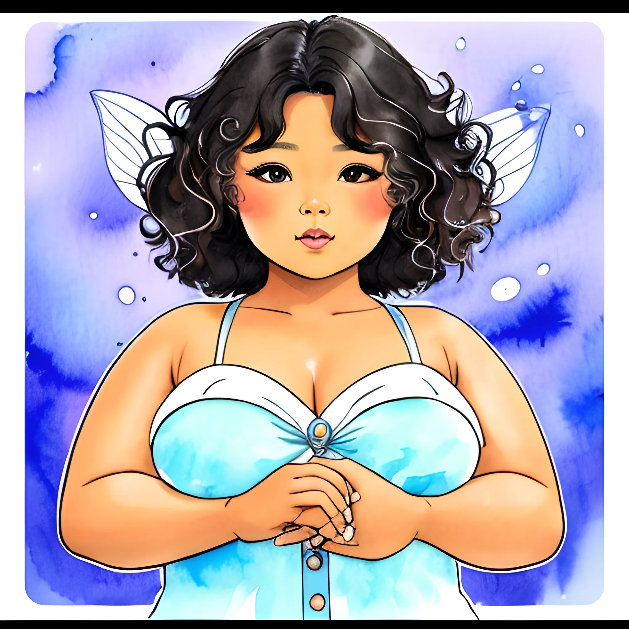 Thick tanned skin beautiful gorgeous chubby filipina woman, with a short curly hair, long eyelashes and flat button nose, fairy princess, Water Color