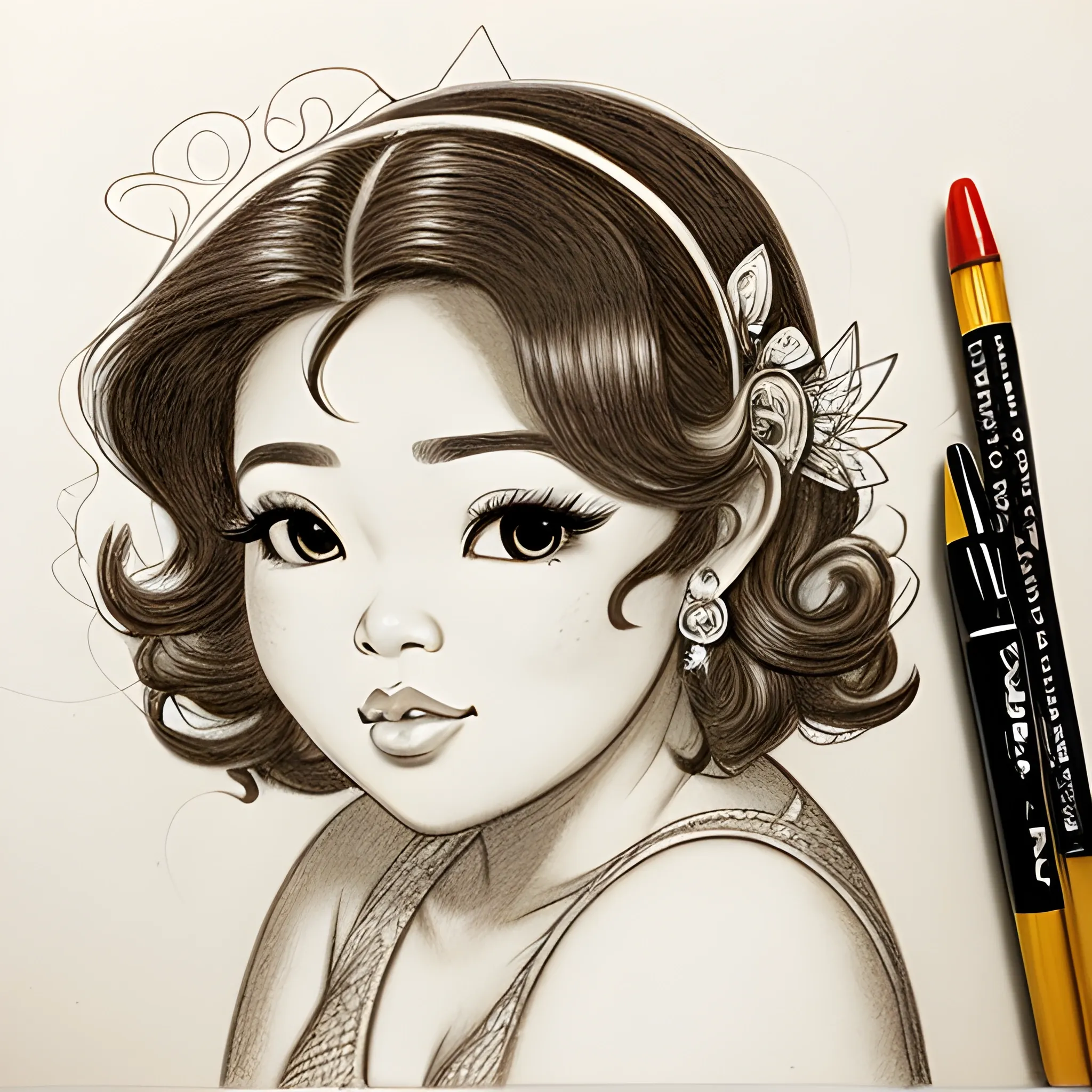 Thick tanned skin beautiful gorgeous chubby filipina woman, with a short curly hair, long eyelashes, big beautiful lips and flat button nose, fairy princess, Pencil Sketch