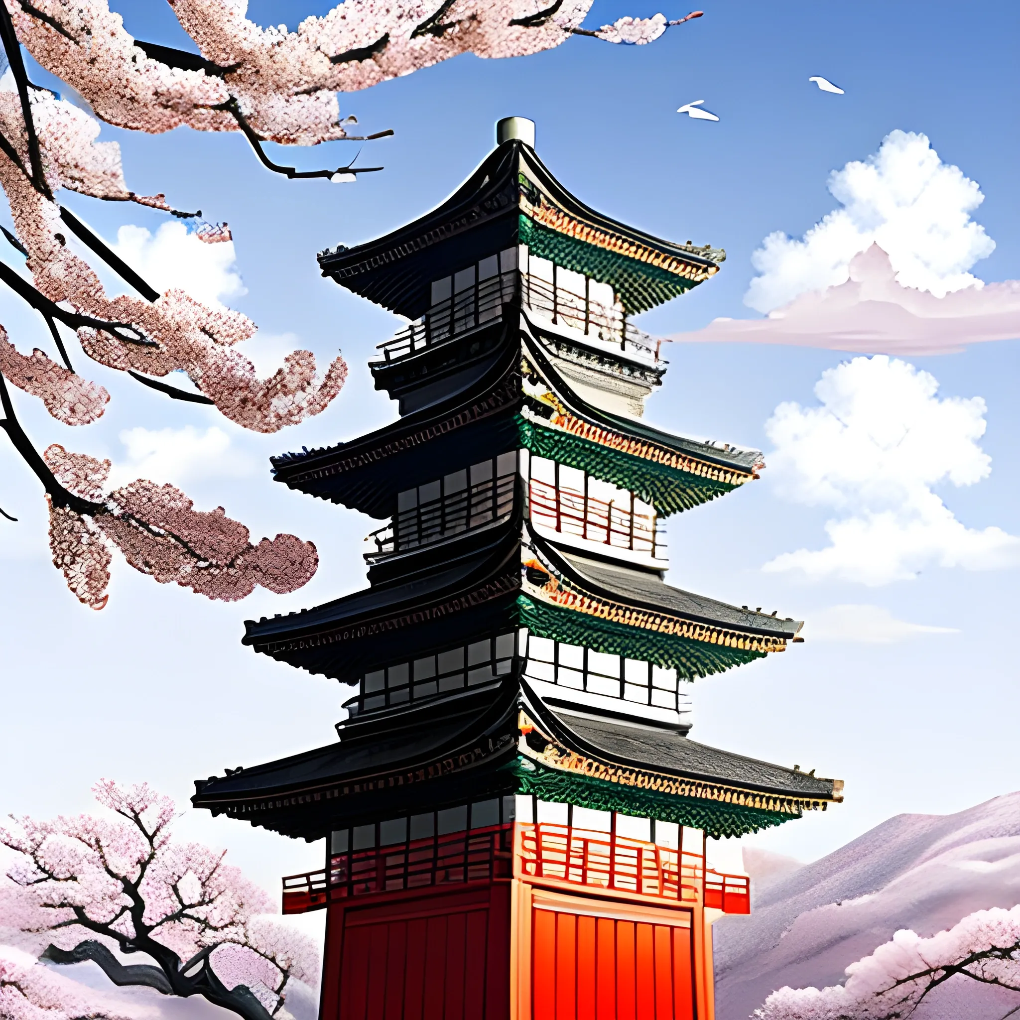 Ancient pagoda from the Song Dynasty in China, white clouds and snowy scenery in the southern sky, red plum blossoms, the ultimate artistic conception, master