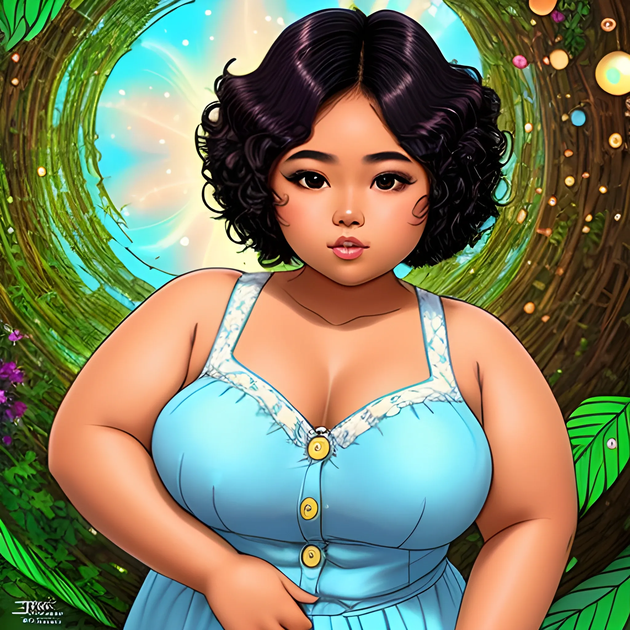 Thick tanned skin beautiful gorgeous chubby filipina woman, with a short curly hair, long eyelashes, big beautiful lips and flat button nose, fairy princess, Trippy