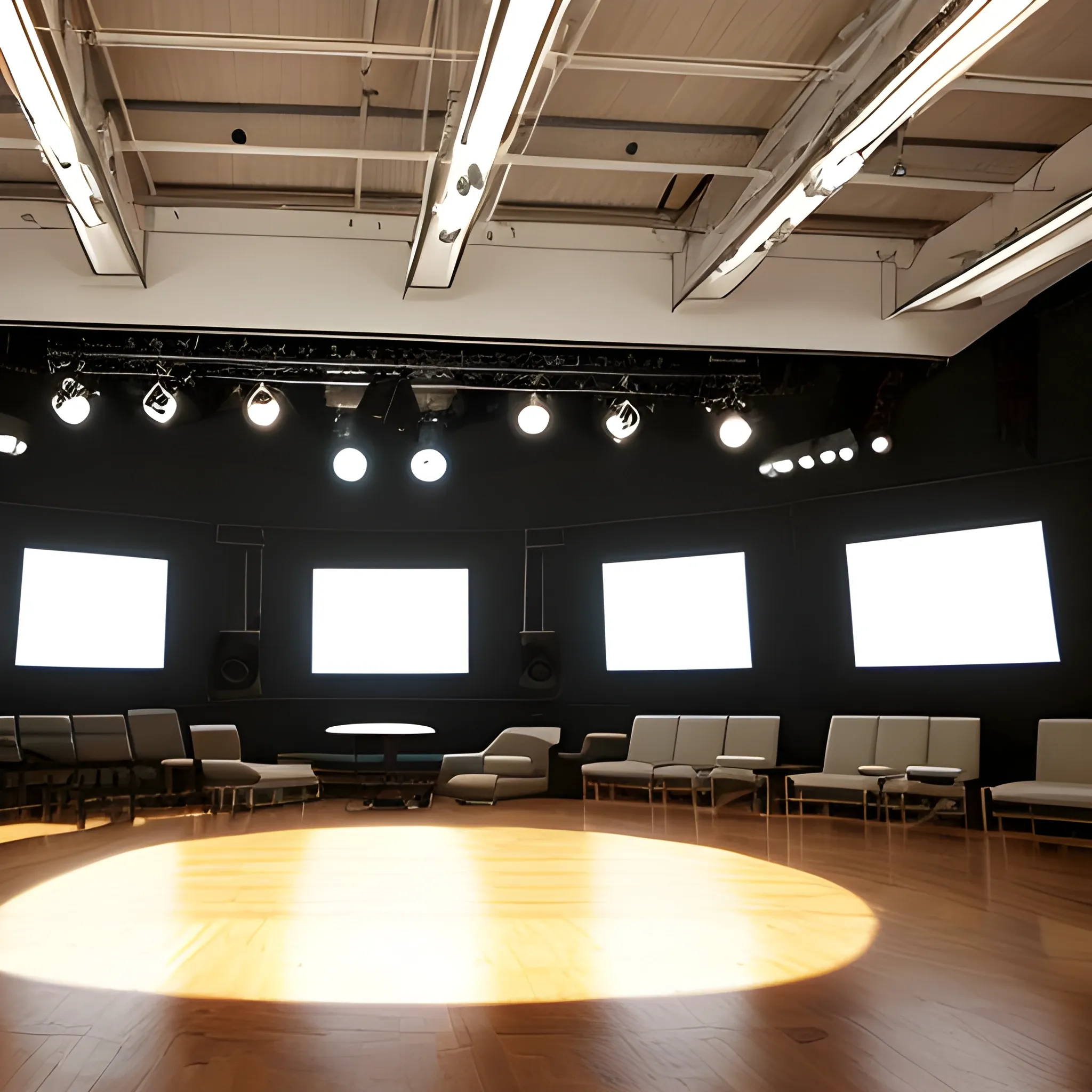 The image shows a television studio with a central stage. The stage is made of wood and has a shiny surface. The walls of the studio are painted a light color and have large windows that allow in natural light. a sofa and chairs for interviews It is located in the center of the stage and is made of metal with a silver finish. It has a screen behind it. There are large windows on the walls of the studio that allow in natural light. The studio is illuminated with artificial lights that create a , Oil Painting