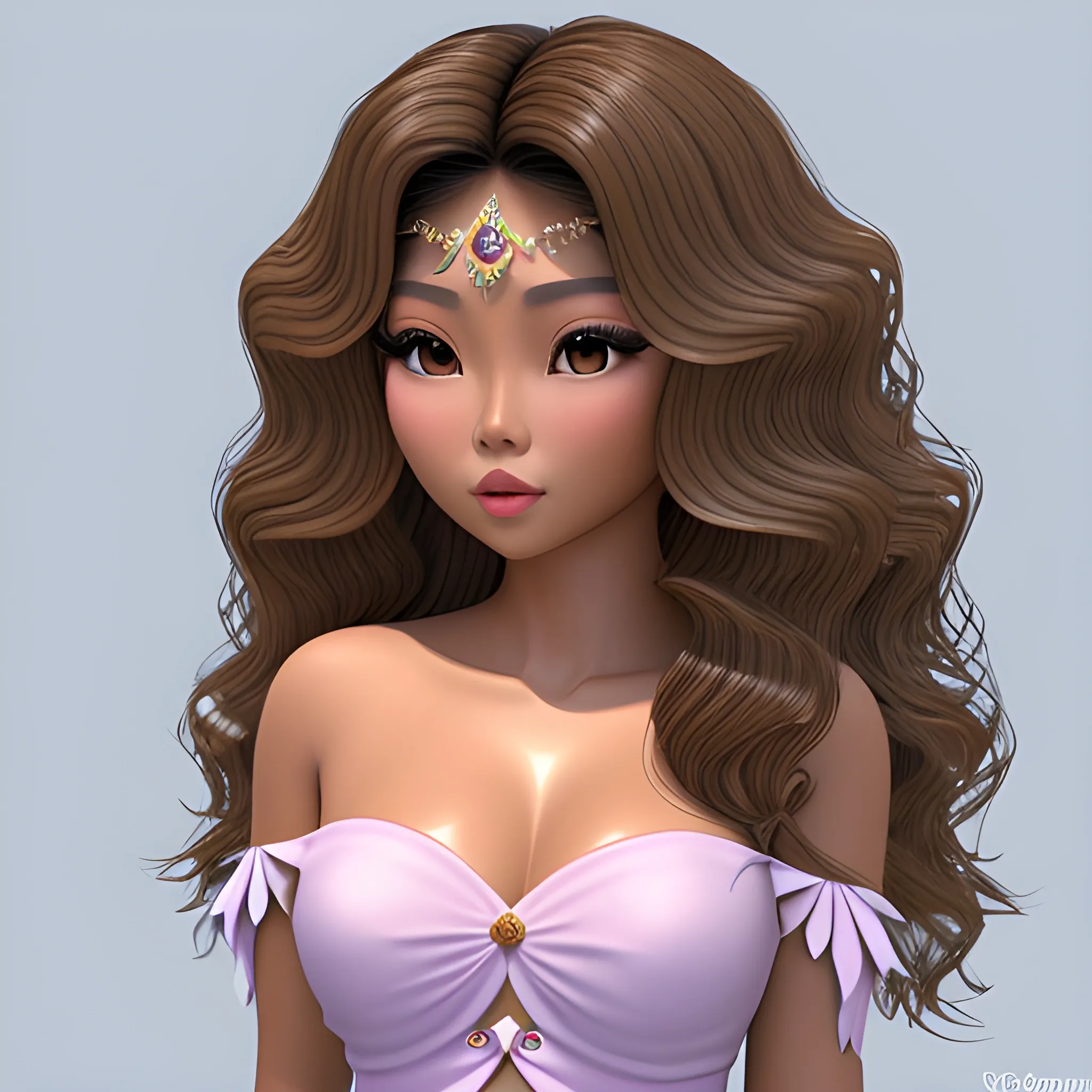 Thick tanned skin beautiful gorgeous filipina woman, with a long volumized curly hair, long eyelashes, big beautiful lips and flat button nose, fairy princess, 3D