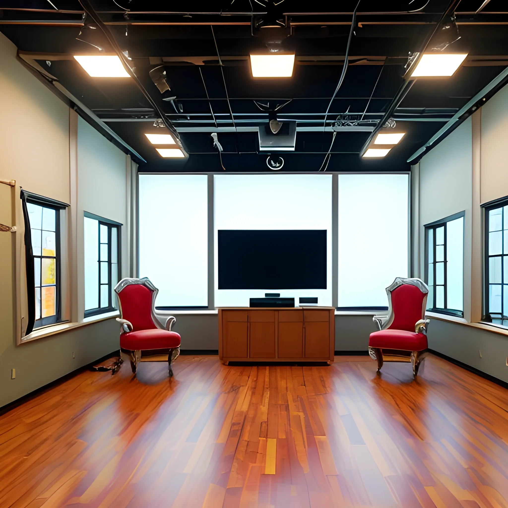 The image shows a television studio with a central stage. The stage is made of wood and has a shiny surface. The walls of the studio are painted a light color and have large windows that allow in natural light. a sofa and chairs for interviews It is located in the center of the stage and is made of metal with a silver finish. It has a screen behind it. There are large windows on the walls of the studio that allow in natural light. The studio is illuminated with artificial lights that create a , , Water Color