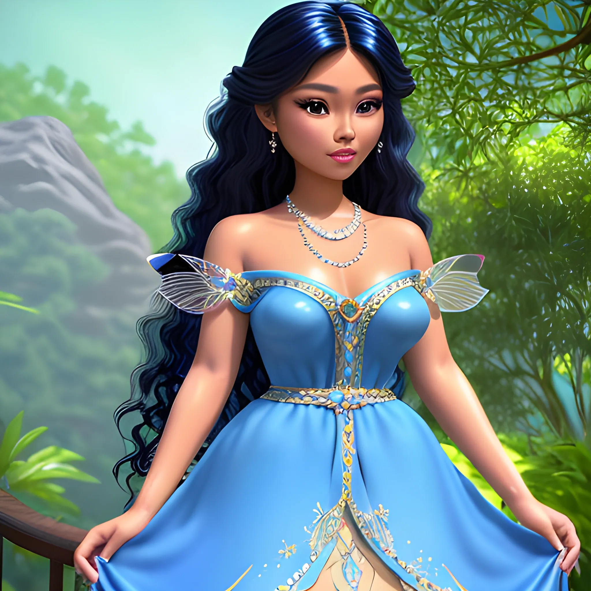 Thick tanned skin beautiful gorgeous filipina woman, in a blue Sunday dress, pearl necklace, with a long volumized dark curly hair, long eyelashes,thick beautiful lips and flat button nose, fairy princess, 3D