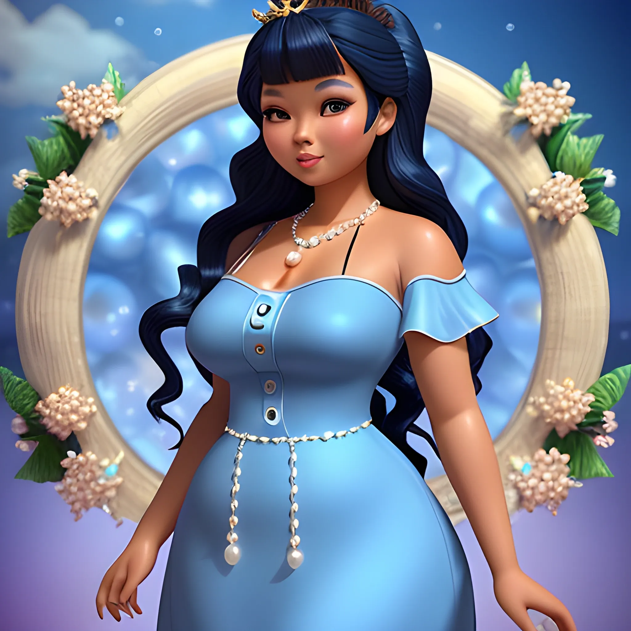 Thick tanned skin beautiful gorgeous chubby filipina woman, in a blue Sunday dress, pearl necklace, with a long volumized dark curly hair, long eyelashes,thick beautiful lips and flat button nose, fairy princess, 3D