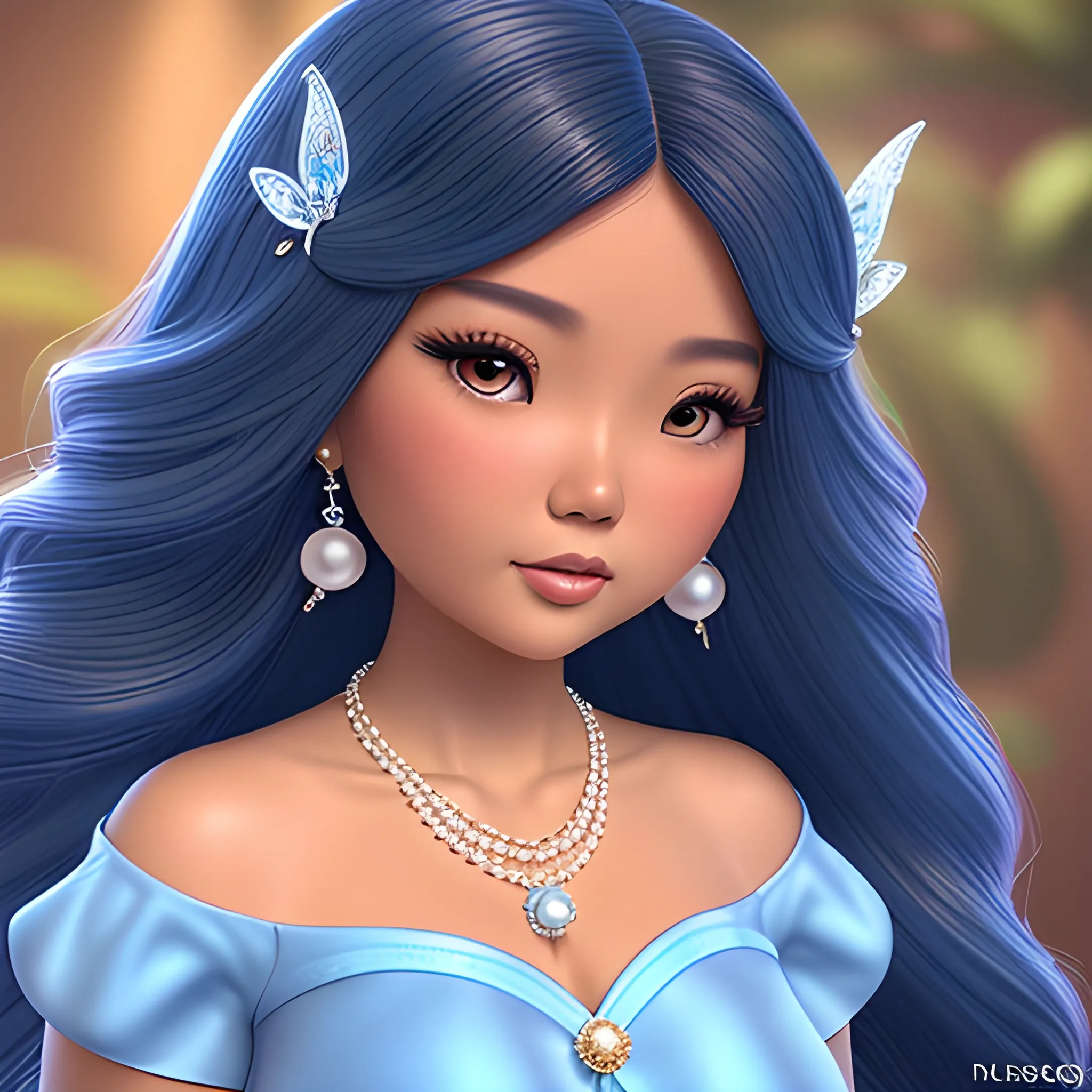 Thick tanned skin beautiful gorgeous chubby filipina woman, in a blue Sunday dress, pearl necklace, with a long volumized dark curly hair, long eyelashes,thick beautiful lips and flat button nose, fairy princess, 3D