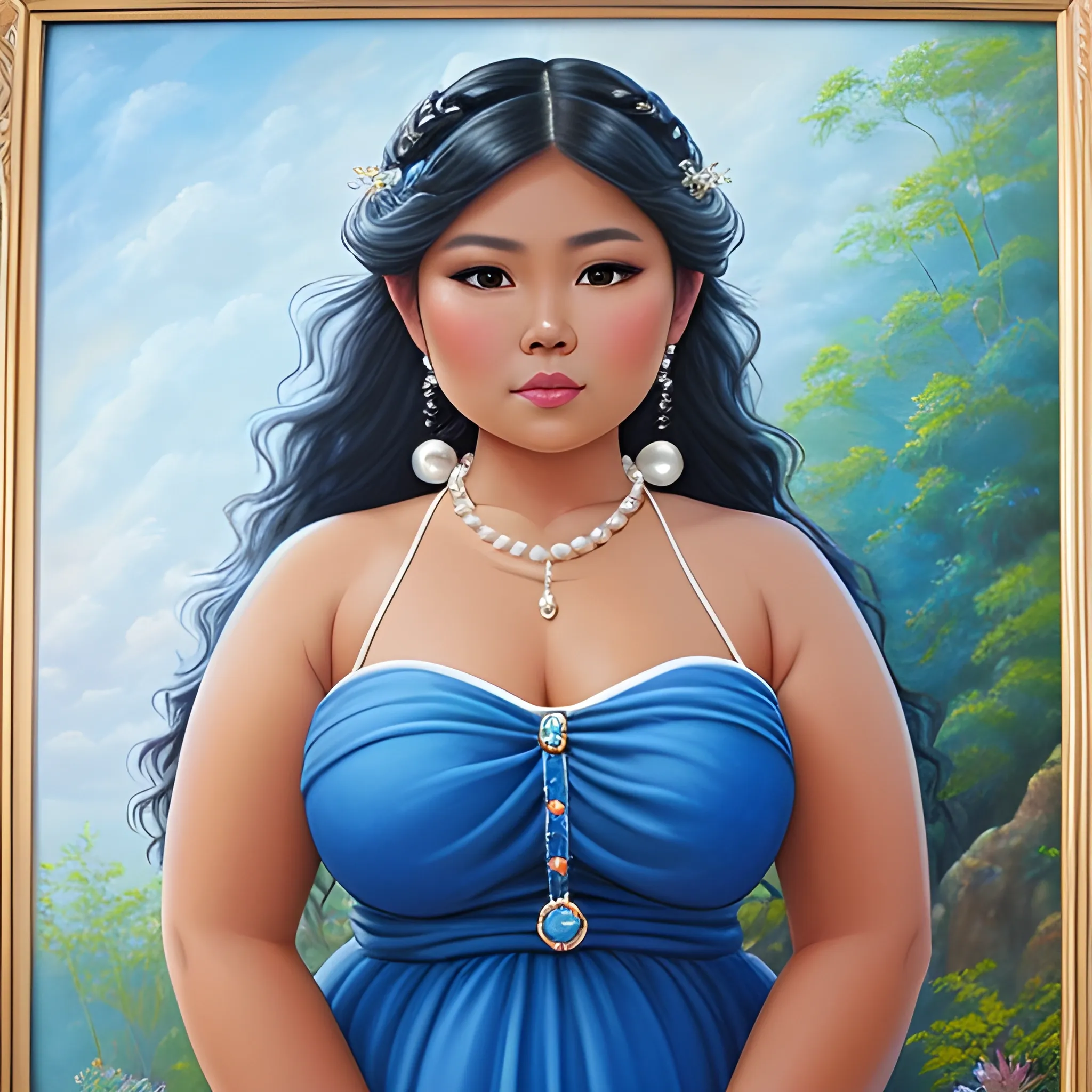 Thick tanned skin beautiful gorgeous chubby filipina woman, in a blue Sunday dress, pearl necklace, with a long volumized dark curly hair, long eyelashes,thick beautiful lips and flat button nose, fairy princess, Oil Painting