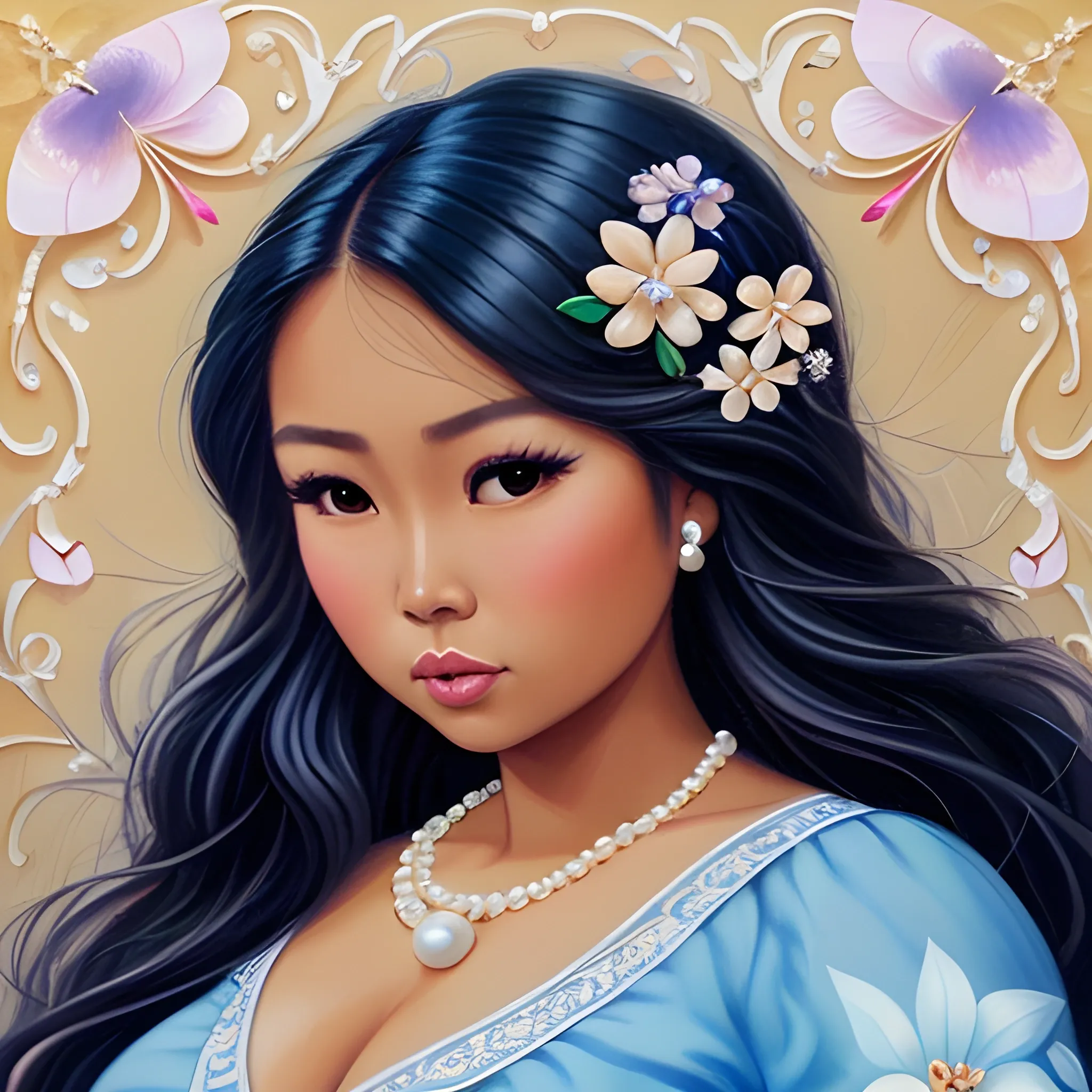 Thick tanned skin beautiful gorgeous chubby filipina woman, in a blue floral dress, pearl necklace, with a long volumized dark curly hair, long eyelashes,thick beautiful lips and flat button nose, fairy princess, Oil Painting