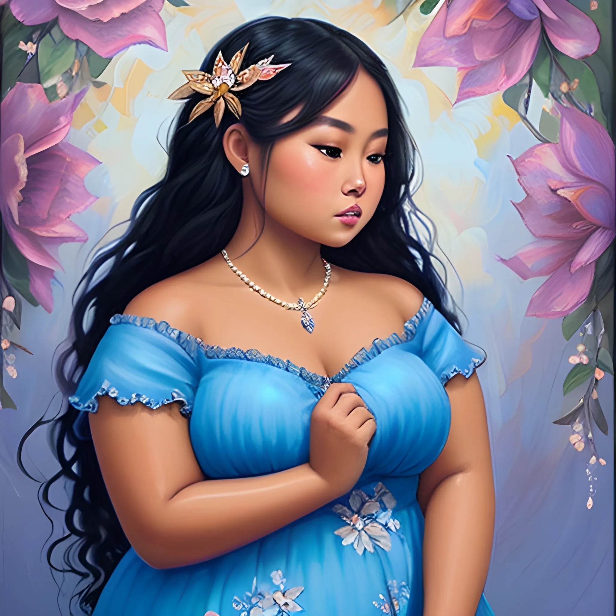 Thick tanned skin beautiful gorgeous chubby filipina woman, in a blue floral dress, pearl necklace, with a long volumized dark curly hair, long eyelashes,thick beautiful lips and flat button nose, fairy princess, Oil Painting
