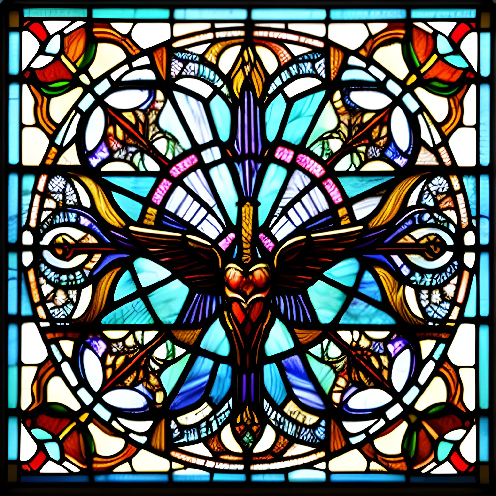 The image showcases a traditional stained glass window depicting an epic battle between an angel and a demon. The angel is portrayed with majestic, feathered wings and a halo, symbolizing purity and divinity. In contrast, the demon is characterized by dark, bat-like wings and a menacing stance, representing darkness and malevolence. They are engaged in a dramatic sword fight, at the center of which is a bright burst of light, possibly indicating the clashing of their weapons.

The stained glass window is intricately detailed, with a rich palette of colors. The upper portion of the window displays symmetrical designs with a variety of vibrant colors that resemble flames, suggesting the intensity of the heavenly battle. Below the figures, the chaos of battle continues with a depiction of numerous human figures engaged in their own struggle, adding to the scene's dynamic nature.

The overall composition is symmetrical and balanced, with the angel and demon positioned as mirror images of each other, reinforcing the theme of the eternal struggle between good and evil. The background of the window is a complex array of cloud-like formations, providing a sense of depth and movement to the celestial scene above.

The lower part of the window serves as a narrative foundation, grounding the heavenly conflict in the mortal realm, perhaps implying that the outcomes of such cosmic battles have direct consequences on the human condition. The craftsmanship of the stained glass, with its leaded divisions and varying textures and hues, contributes to a sense of grandeur and historical significance.