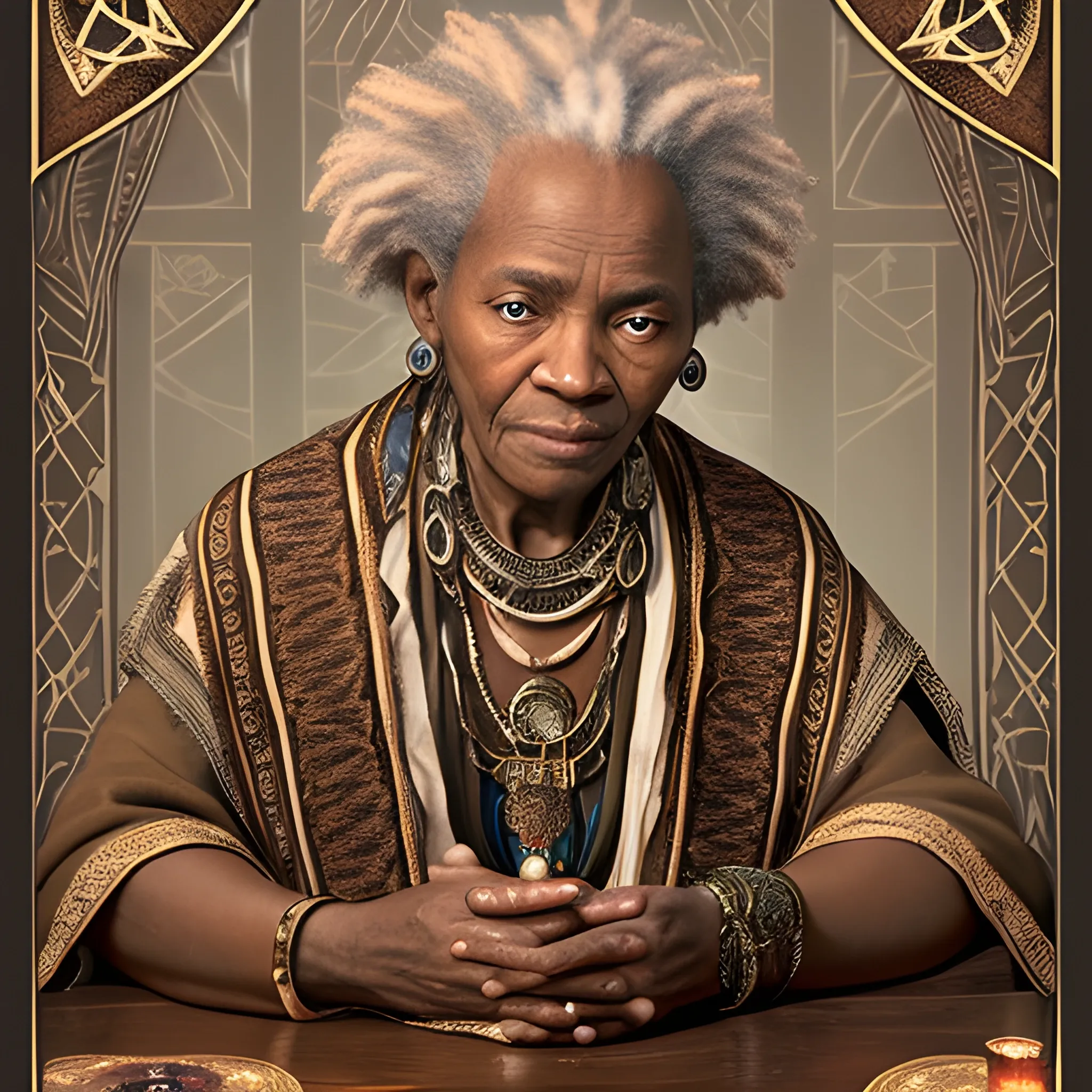 Portrait photograph of an elderly African predictor chief with a tribal canopy, focusing on the intricate details that highlight her profession and personality.  He is seated at an antique wooden table, draped with a deep velvet cloth that hints at the mystical. The table hosts a spread of tarot cards, their designs ancient and full of symbolism. The tarotologist herself is a figure of intrigue, his eyes are deep and knowing, reflecting the wisdom gained from years of interpreting the cards. His attire is bohemian, rich with textures and patterns, including a scarf loosely wrapped around her shoulders. His hands, adorned with silver rings, hover gently over the cards, suggesting a moment of deep concentration and connection with the unseen forces. The background is dimly lit, with candles casting soft shadows, enhancing the atmosphere of mystery and the arcane. His expression is serene yet focused, inviting viewers into the world of tarot with a sense of warmth and mystique. vertical aspect ratio