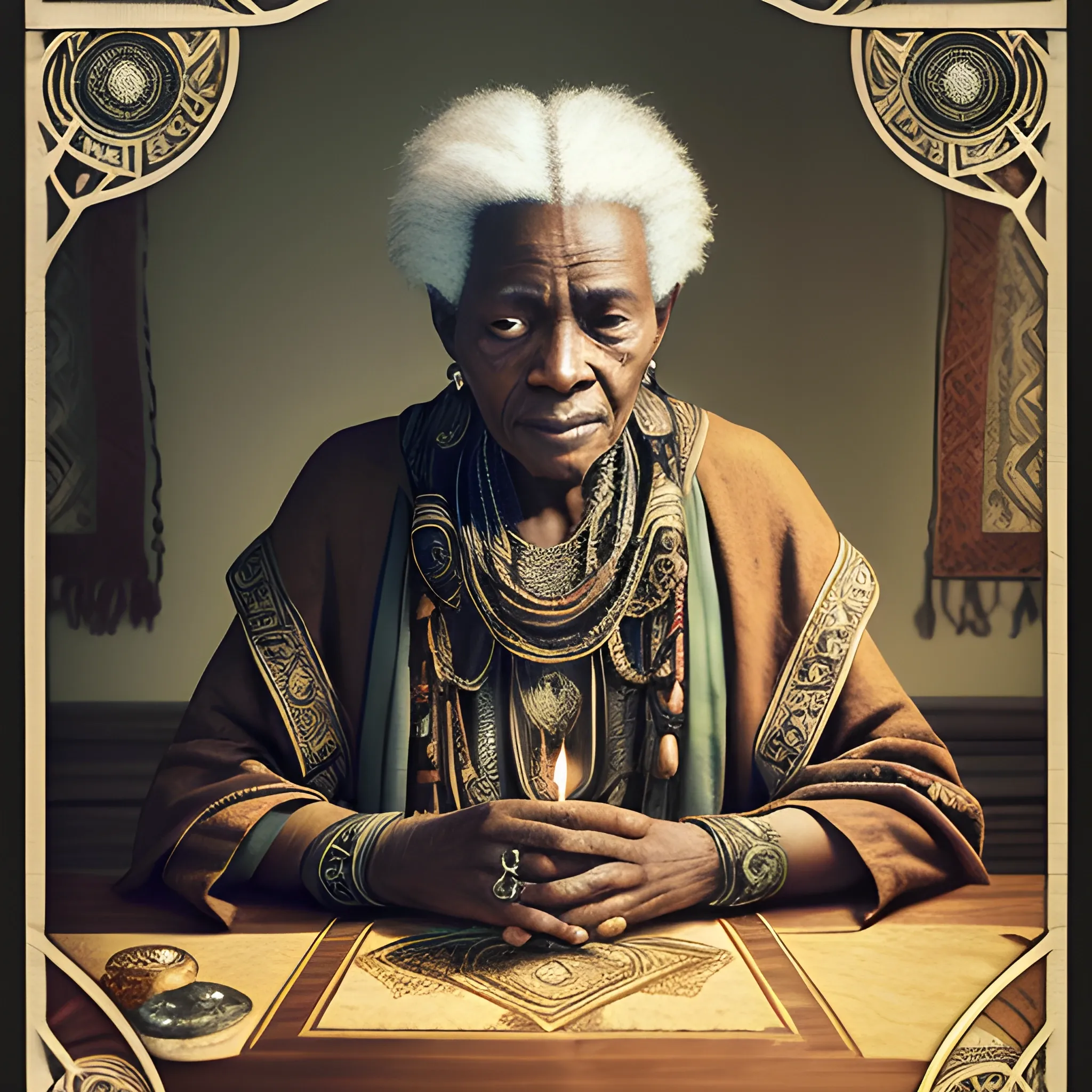 Portrait photograph of an elderly African predictor chief with a tribal canopy, focusing on the intricate details that highlight her profession and personality.  He is seated at an antique wooden table, draped with a deep velvet cloth that hints at the mystical. The table hosts a spread of tarot cards, their designs ancient and full of symbolism. The tarotologist herself is a figure of intrigue, his eyes are deep and knowing, reflecting the wisdom gained from years of interpreting the cards. His attire is bohemian, rich with textures and patterns, including a scarf loosely wrapped around her shoulders. His hands, adorned with silver rings, hover gently over the cards, suggesting a moment of deep concentration and connection with the unseen forces. The background is dimly lit, with candles casting soft shadows, enhancing the atmosphere of mystery and the arcane. His expression is serene yet focused, inviting viewers into the world of tarot with a sense of warmth and mystique. vertical aspect ratio