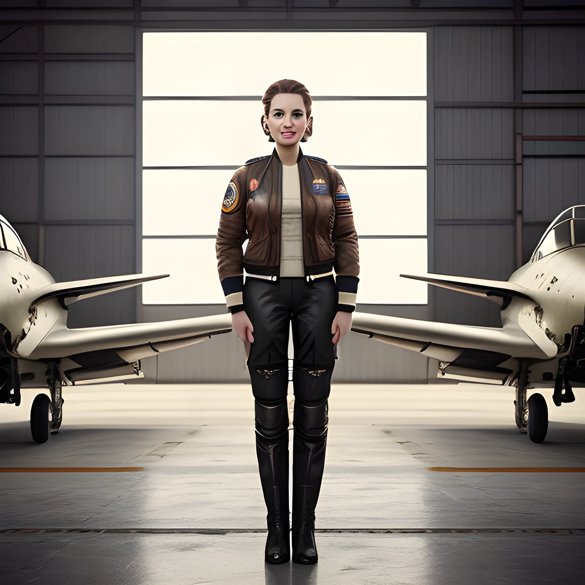 Photorealistic Full Body Portrait of Stunning, Cunning Female Pilot in a Hangar, Antique Leather Uniform, Bomber Jacket, (8K

