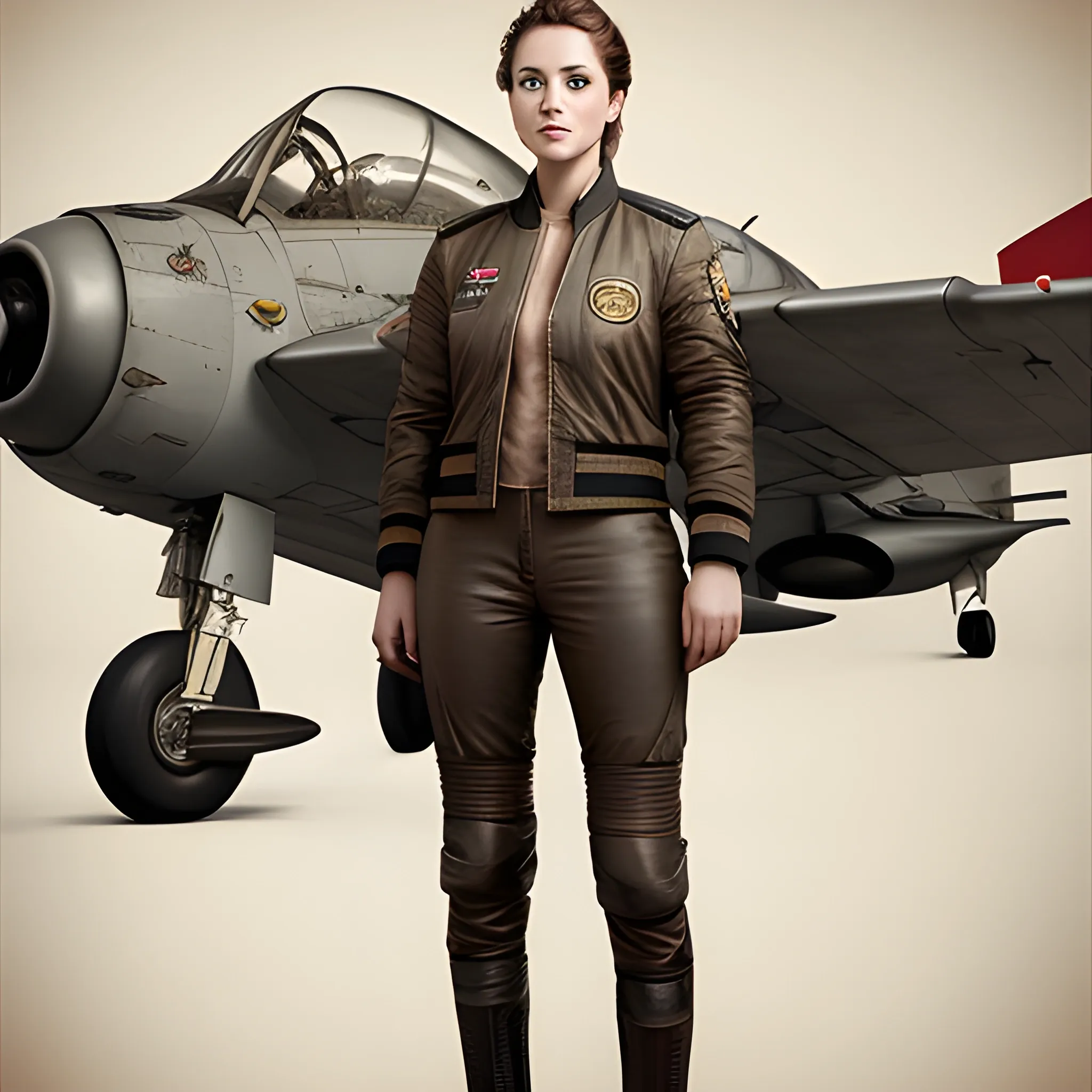 Photorealistic Full Body Portrait of Stunning, Cunning Female Pilot in a Hangar, Antique Leather Uniform, Bomber Jacket, (8K

, Pencil Sketch