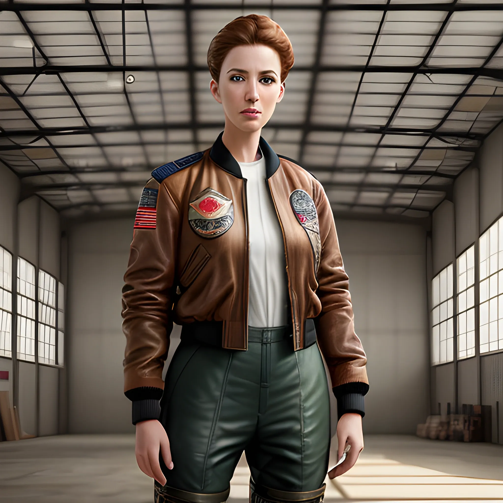 Photorealistic Full Body Portrait of Stunning, Cunning Female Pilot in a Hangar, Antique Leather Uniform, Bomber Jacket, (8K

, Water Color