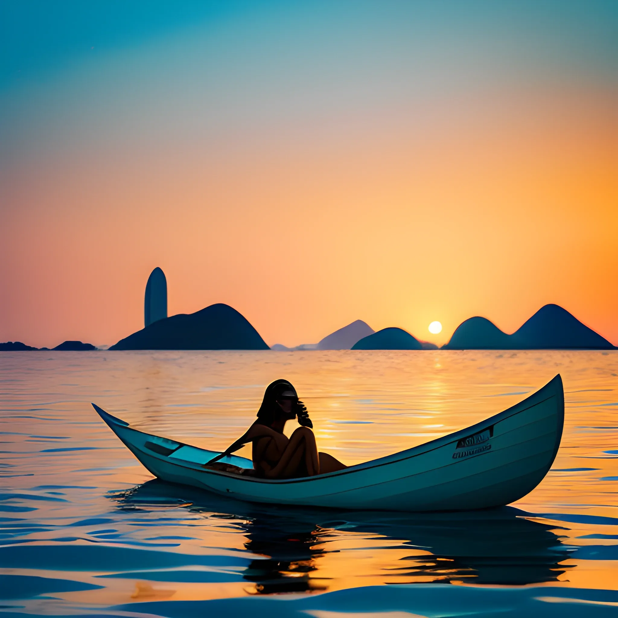 uma mulher solitária navegando em uma canoa no rio araguaia, foto realista, com golden hour