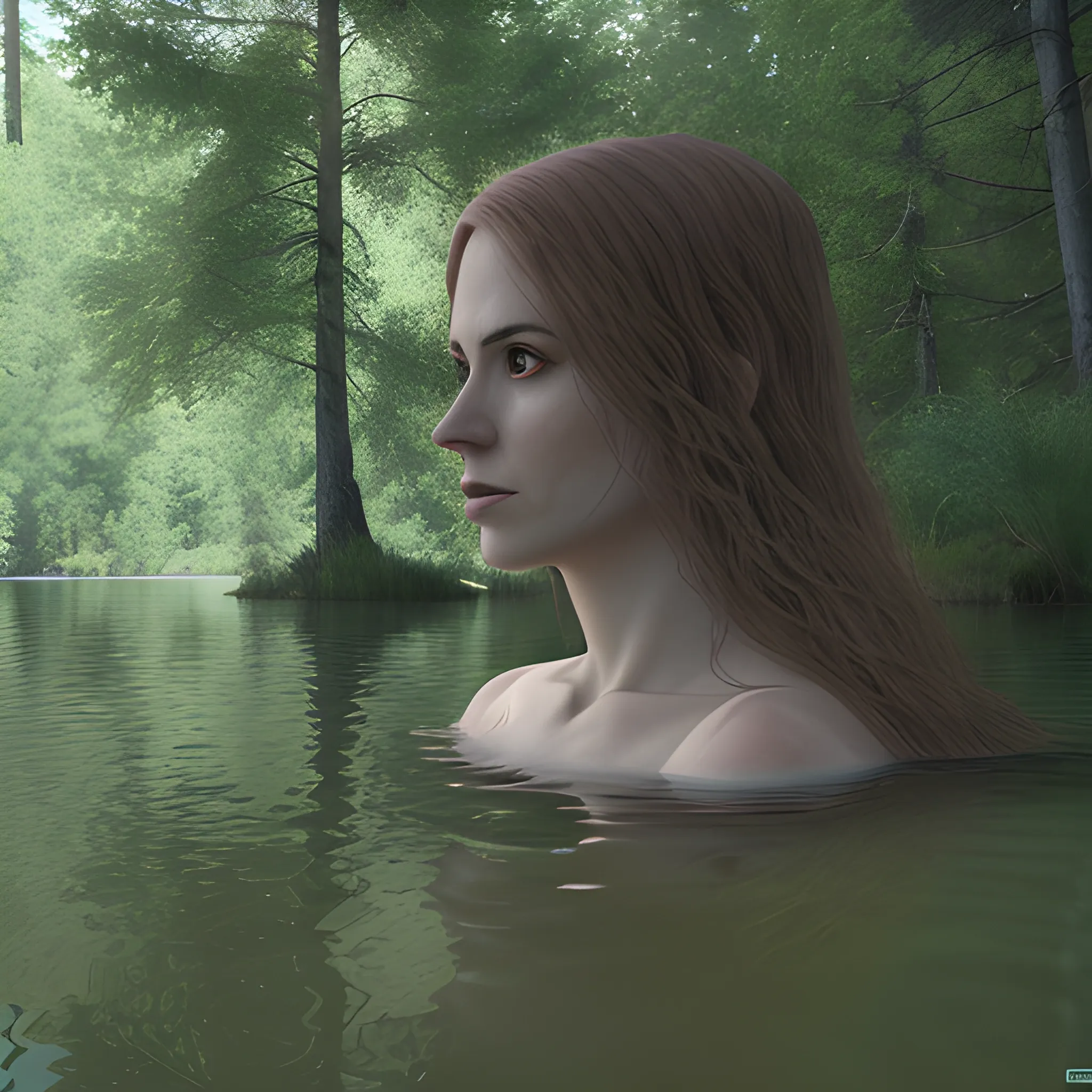 create a woman in the lake with forest in 8k resolution, 3D