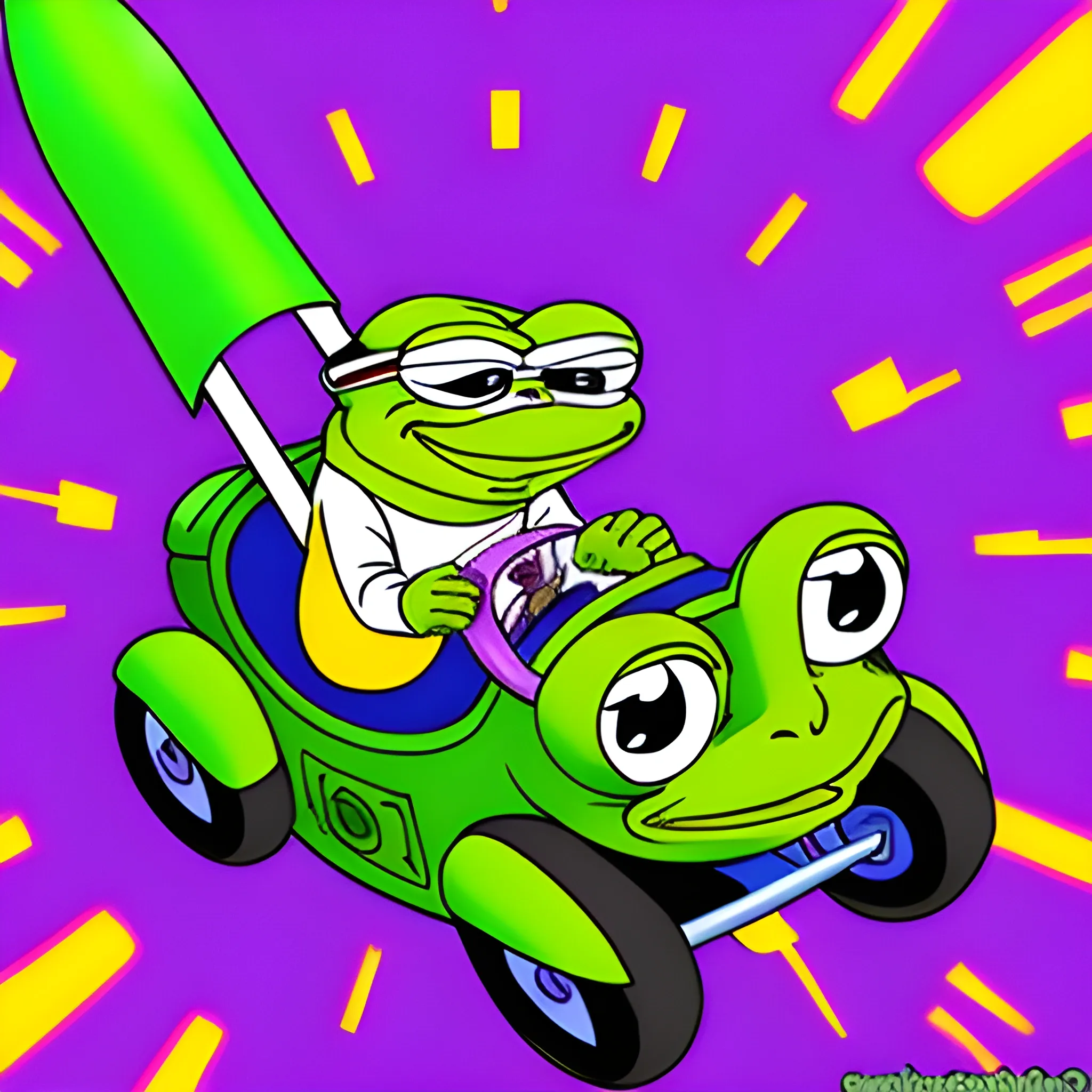 purple Pepe the Frog with a mischievous grin, riding a rocket labeled "Monad" a The rocket could have flames shooting out the back with a speedometer showing "10,000 transactions per second" as Pepe zooms past. , Cartoon