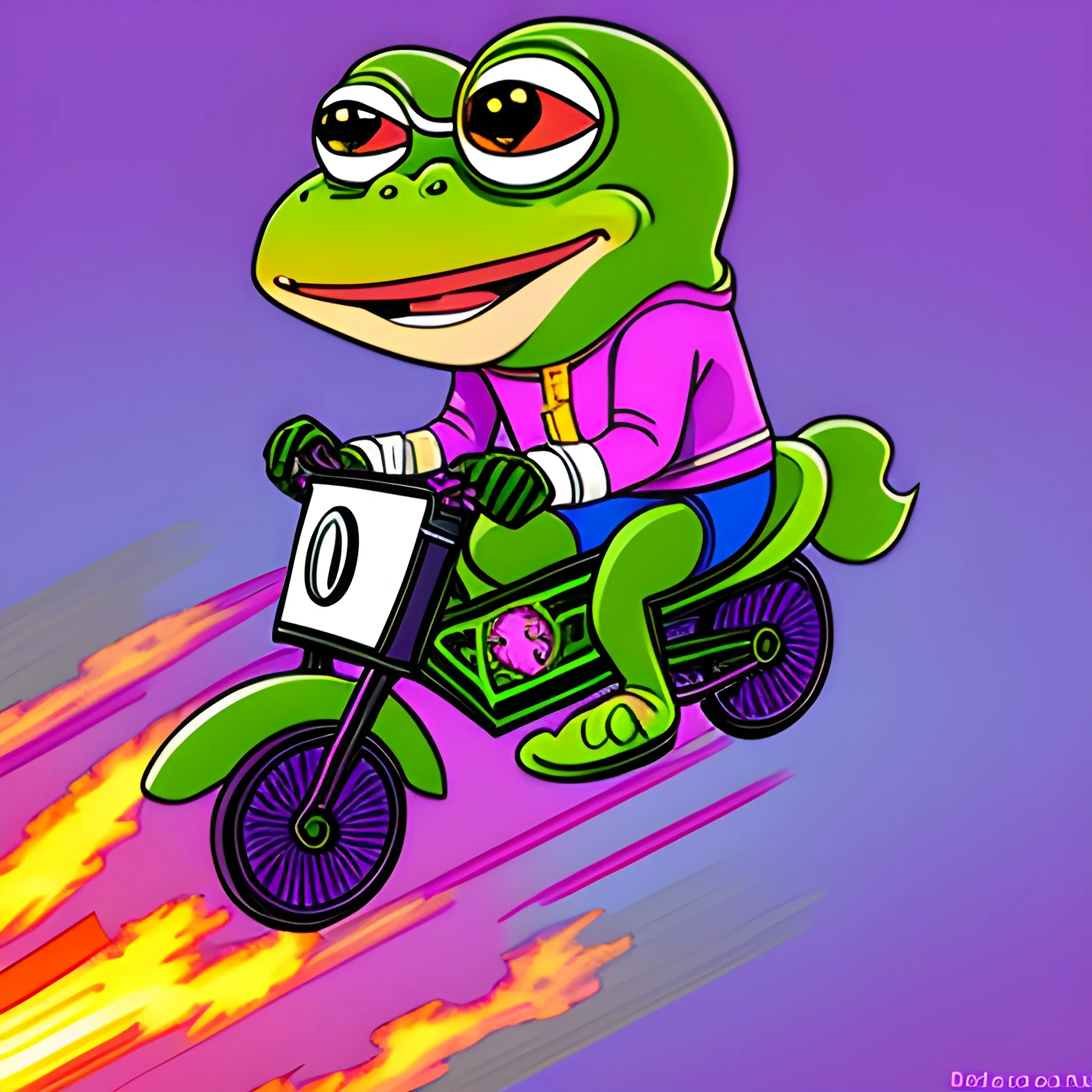 purple Pepe frog riding a rocket labeled "Monad" with flames shooting out the back with a speedometer showing "10,000 transactions per second", Cartoon