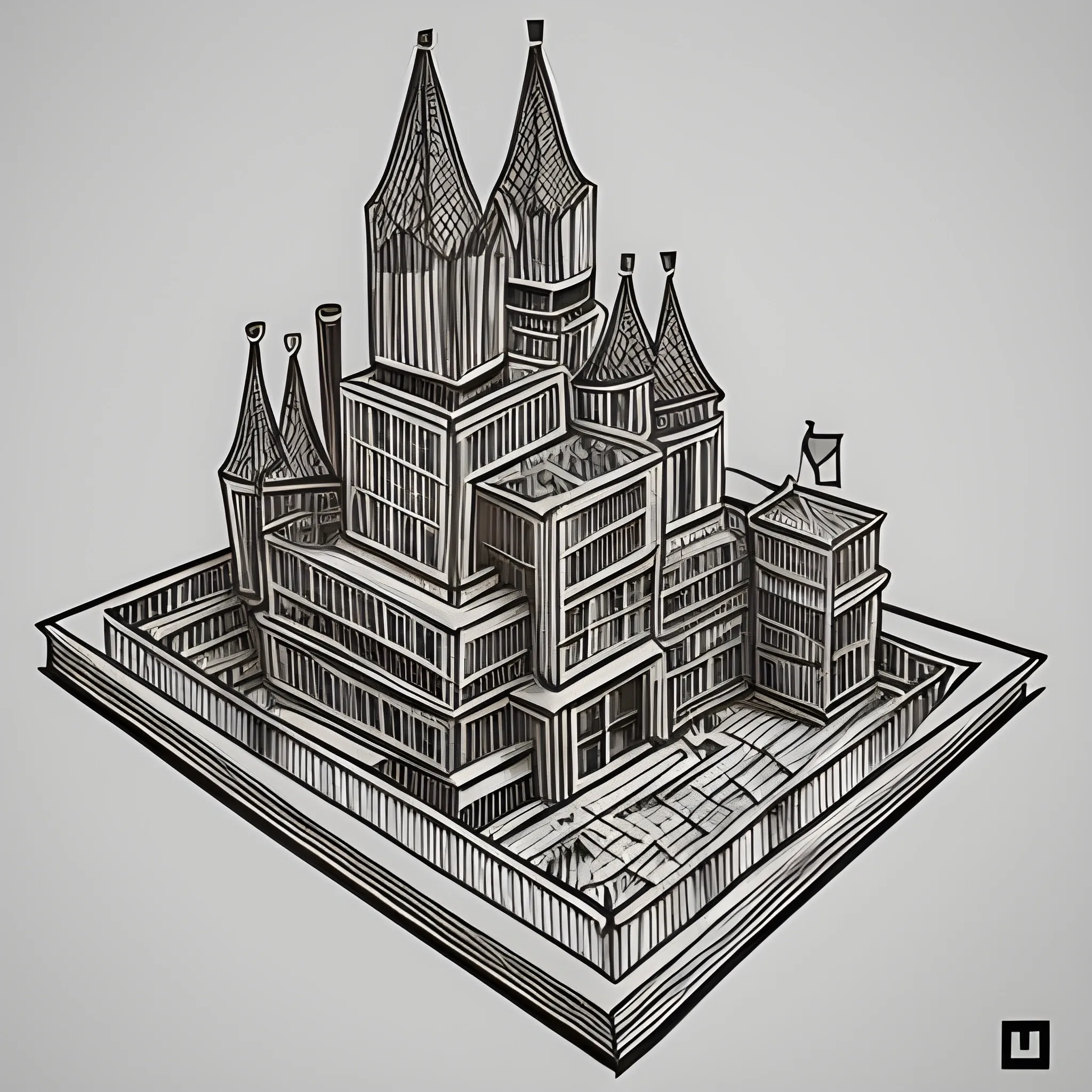 Hand-drawn paper-cut style architectural illustrations, Cartoon