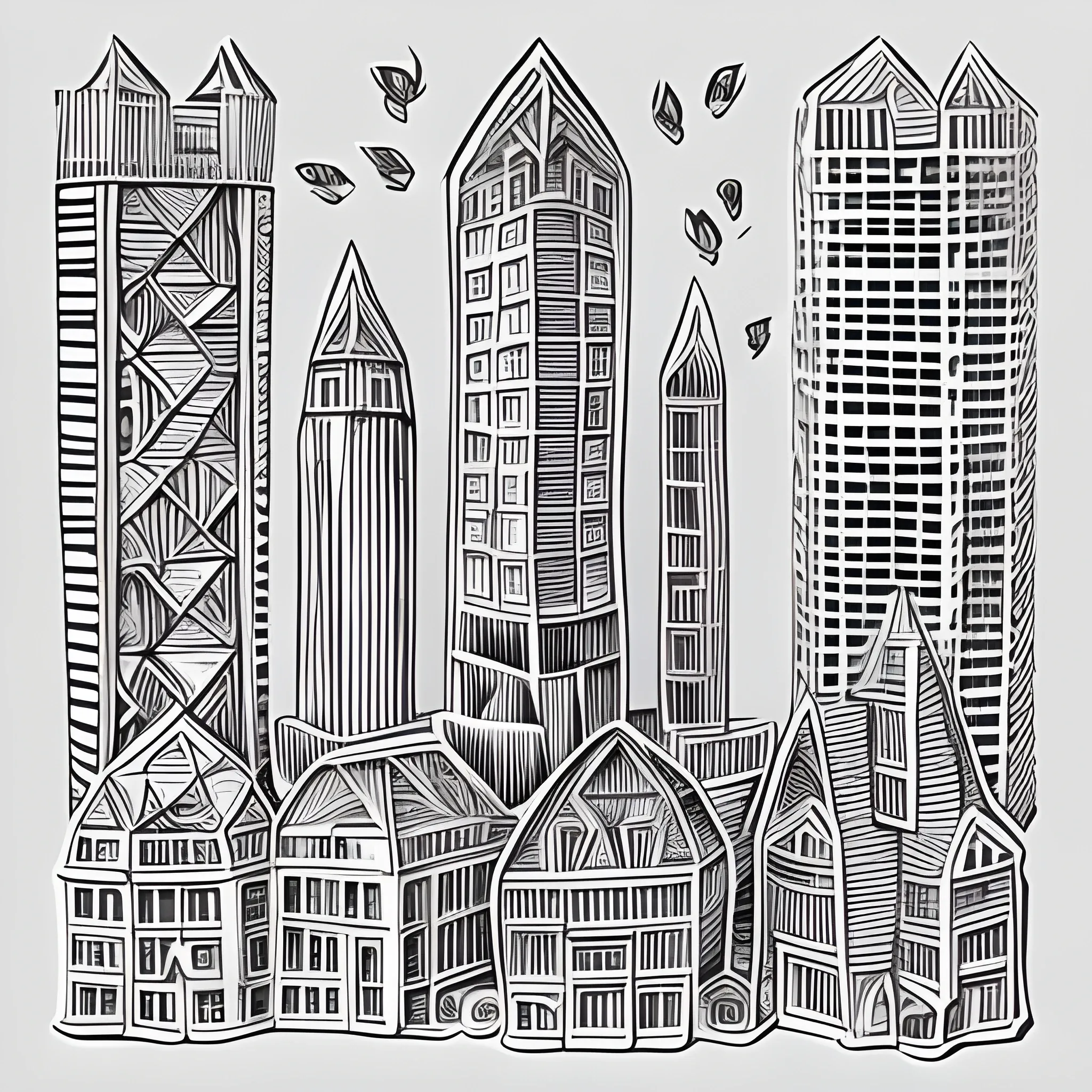 Hand-drawn paper-cut style architectural illustrations, Cartoon，city