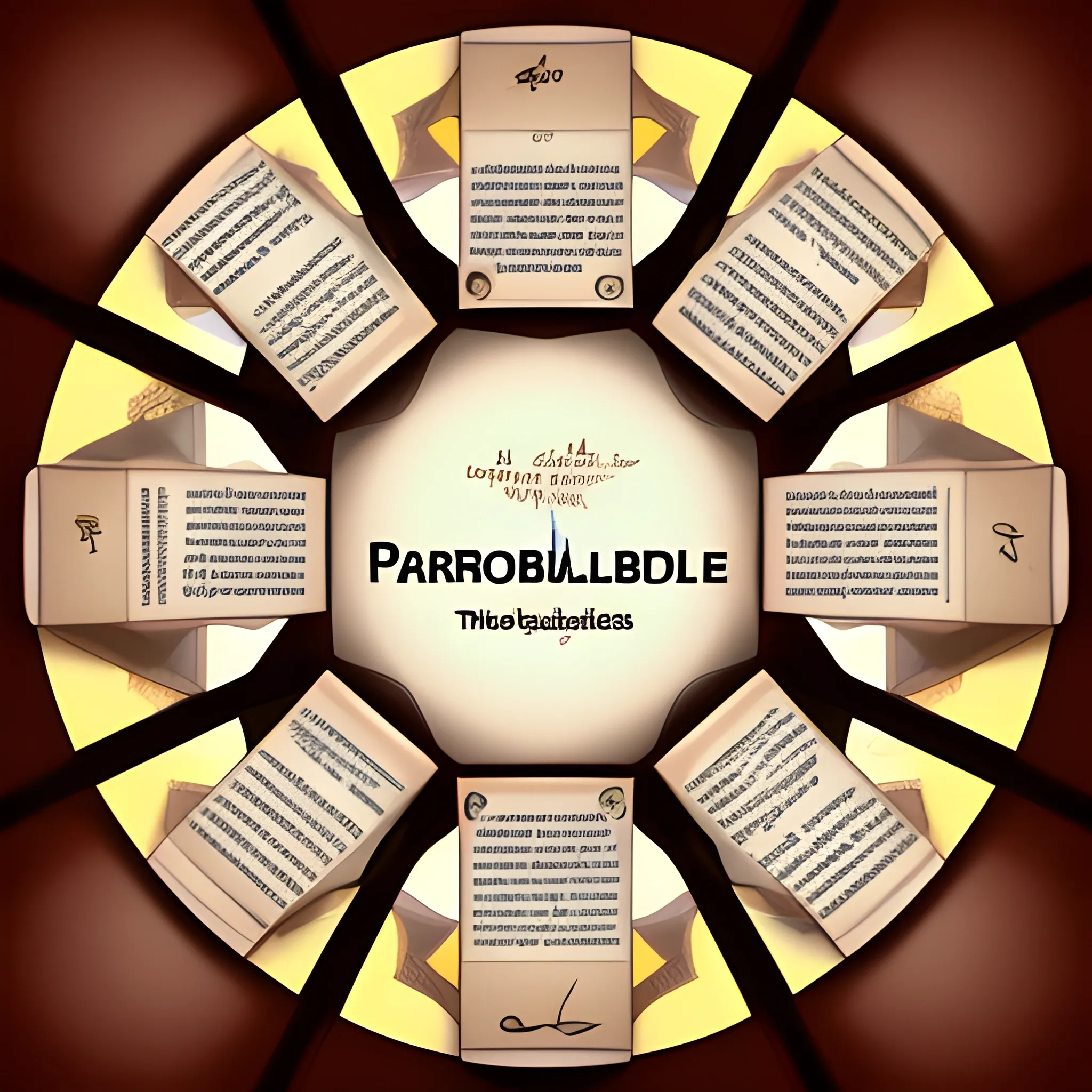 Create an image representing the word "Parabolizei!", the name of a YouTube channel about biblical parables.
Includes an open book representing the Bible, with pages showing different parables taught by Jesus.
Place a figure of Jesus in the center, in the pose of a teacher or storyteller, highlighting his role as a master and teacher who used parables in his teachings, 3D