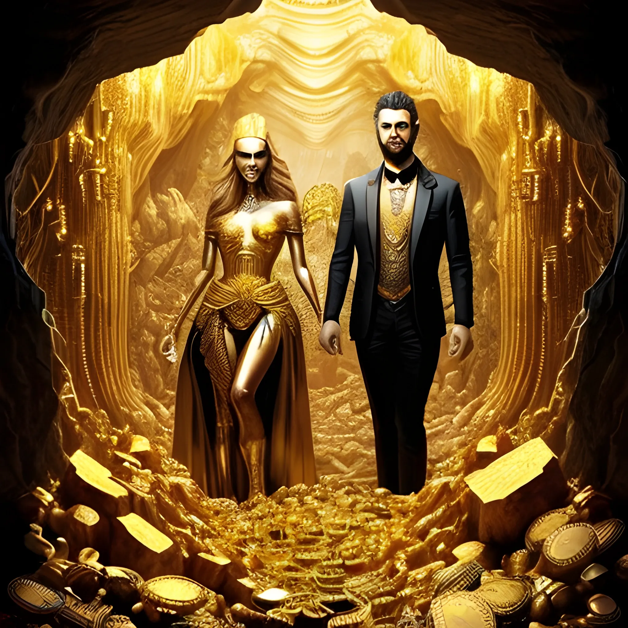 a woman and a man full of gold, jewels, gold coinsfull of gold, jewels and gold coins. Everything seems to be corrupted, as if it were a cave, like yesterday. Let's maintain an apocalyptic aesthetic
, Trippy