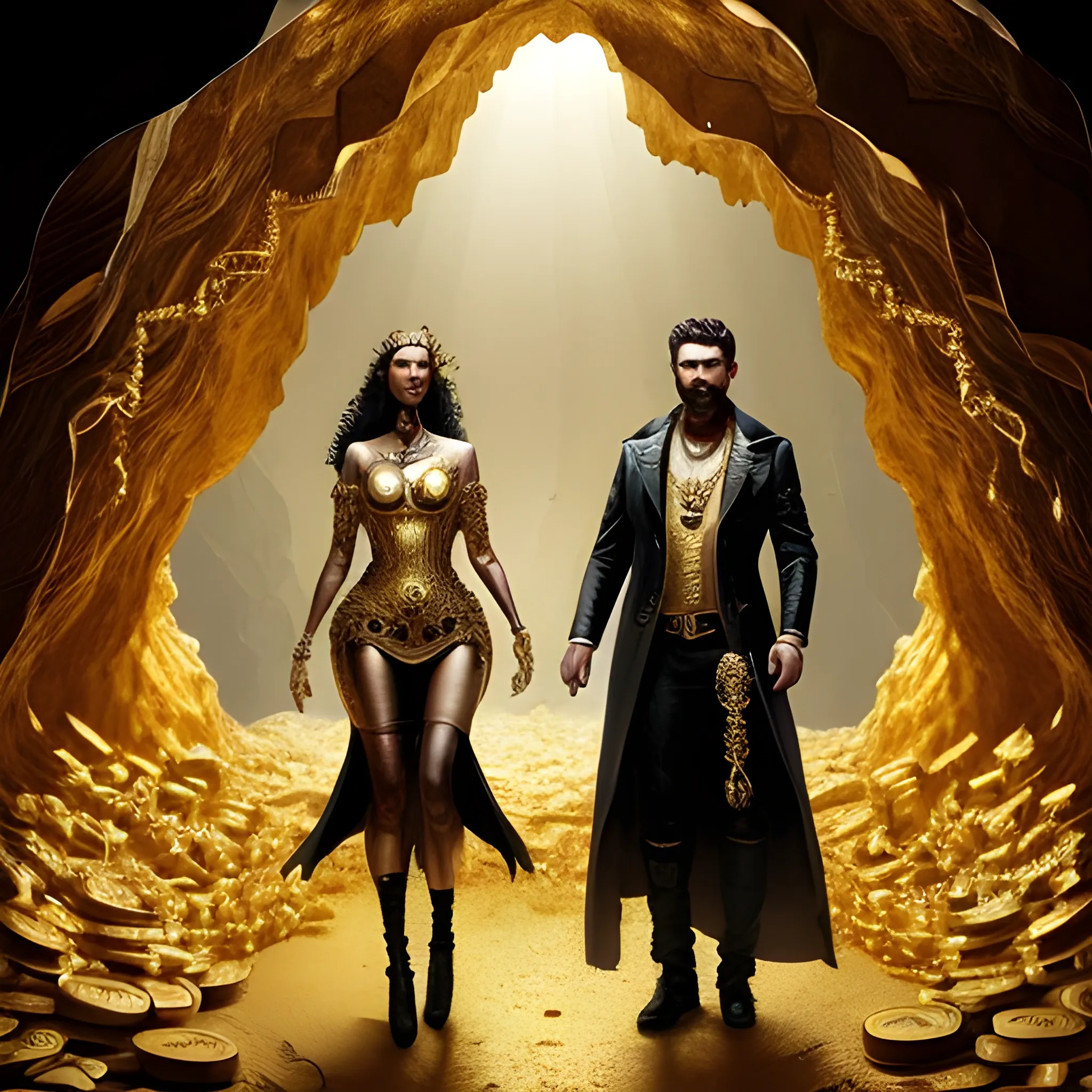 a woman and a man full of gold, jewels and gold coins. Everything seems to be corrupted, as if it were a cave. Apocalyptic aesthetic