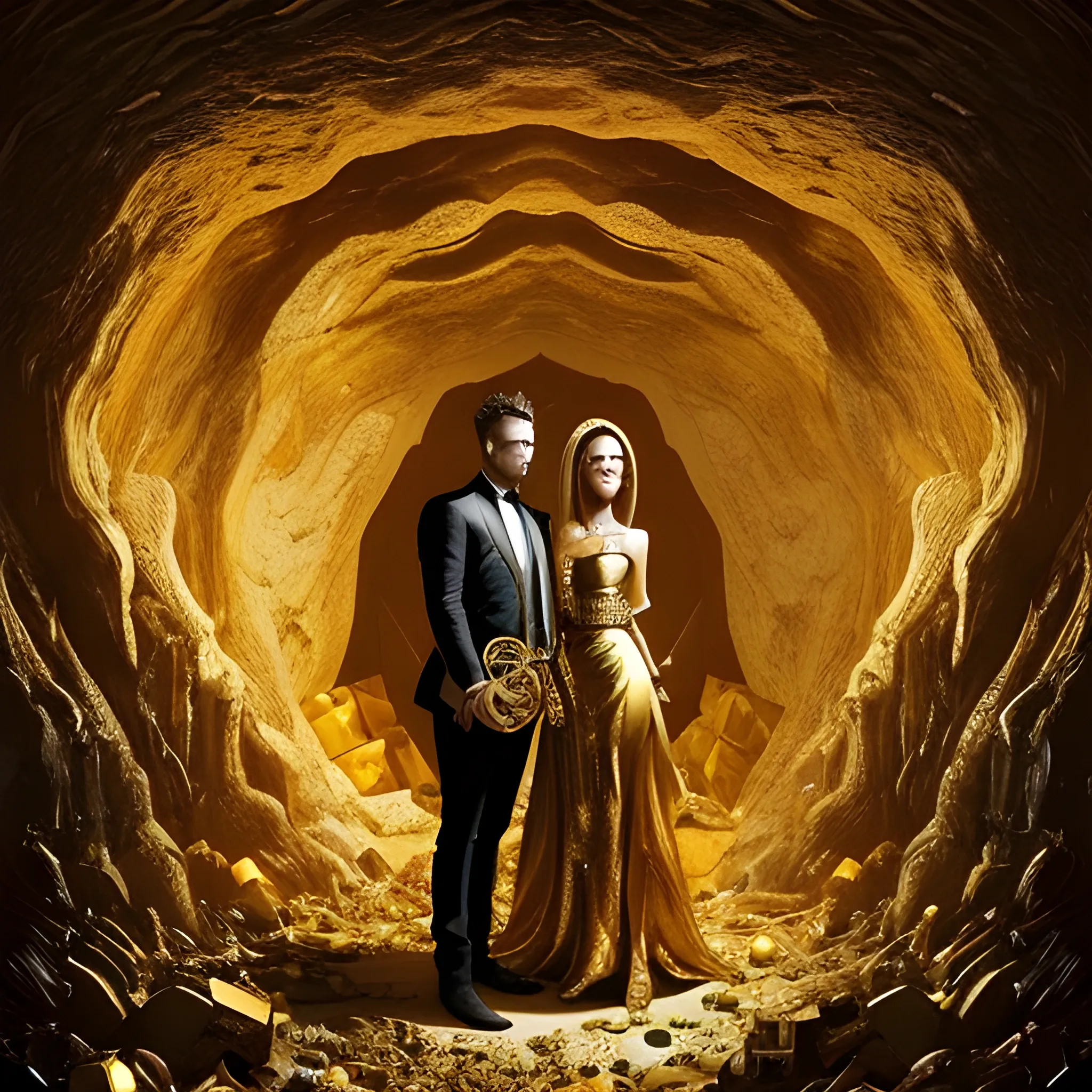 a woman and a man, formally dressed, full of gold, jewels and gold coins. Everything seems to be corrupted, as if it were a cave. Apocalyptic aesthetic

