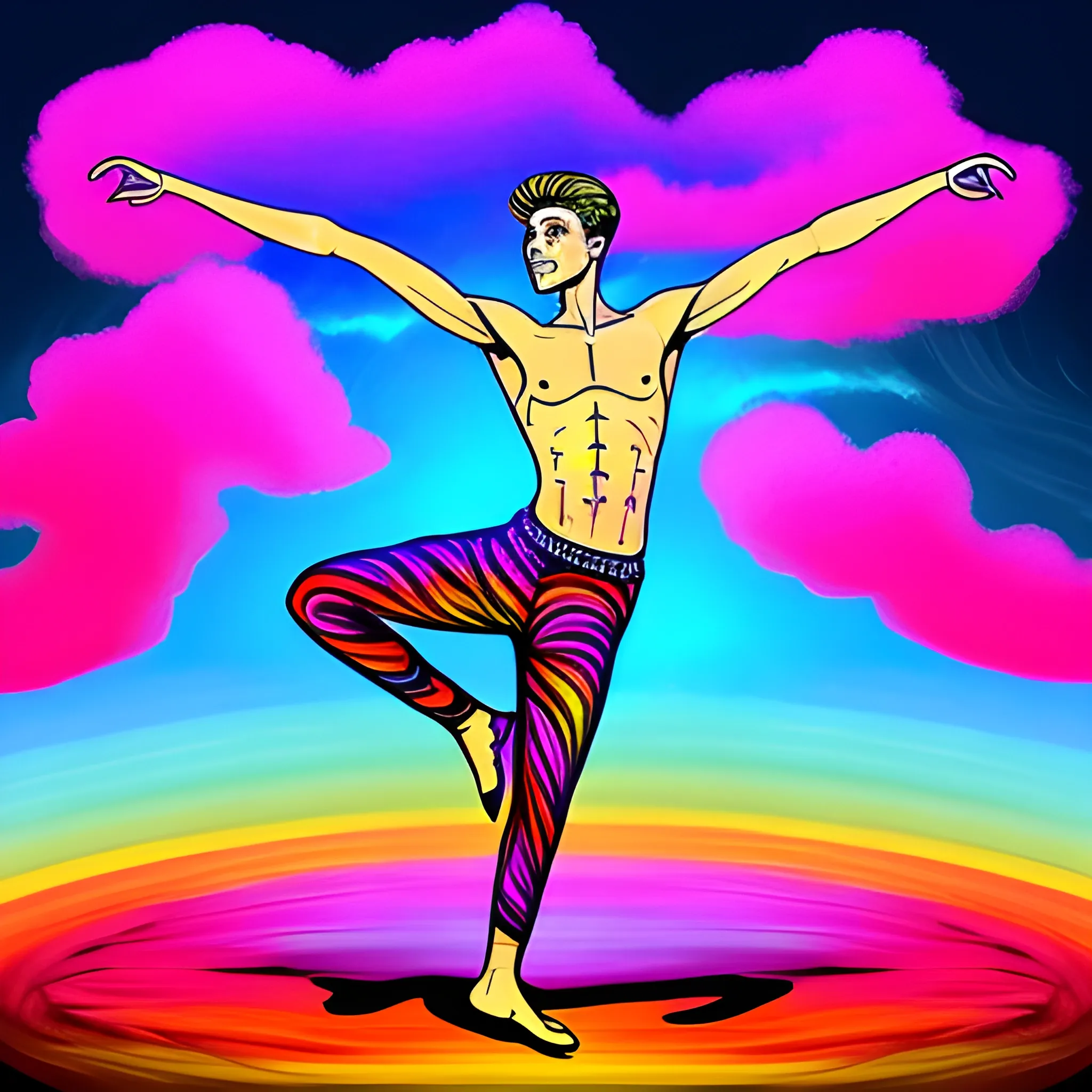 CREATE A DRAWING OF A MALE DANCER DANCING IN THE CLOUDS, WITHOUT DEFORMITIES, HIGH RESOLUTION, 4K. MAKE THE DRAWING IN COLORFUL, Trippy