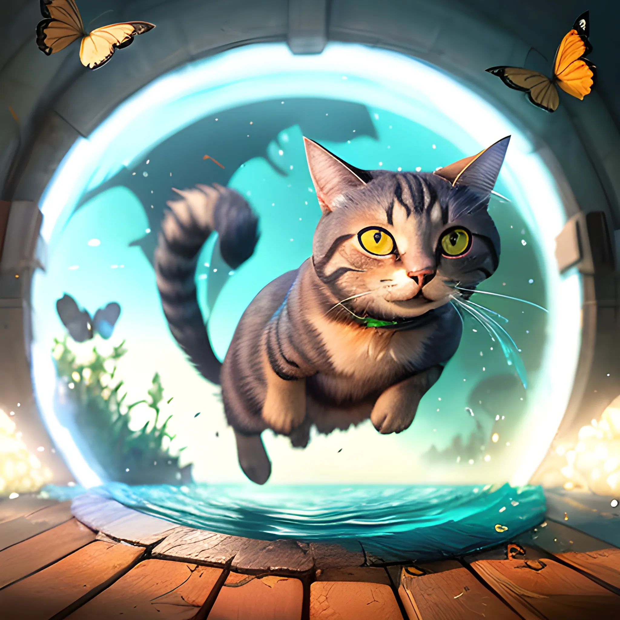 a wholesome cottagecore illustration of a cat chasing a butterfly through a portal to the 4th dimension, Pixar and Disney animation, sharp, Rendered in Redshift and Unreal Engine 5 by Greg Rutkowski, Bloom, dramatic lighting, Water Color