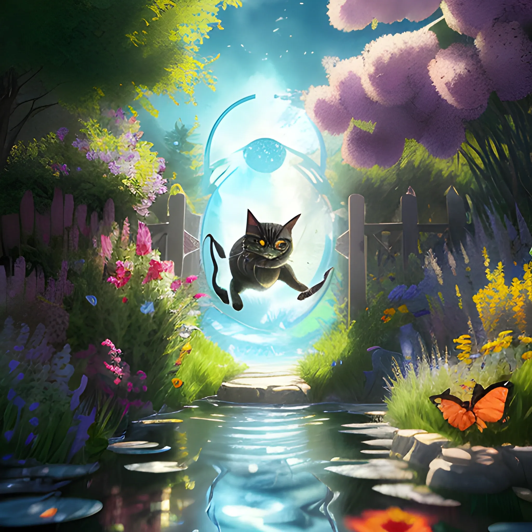 a wholesome cottagecore illustration of a cat chasing a butterfly through a portal to the 4th dimension, Pixar and Disney animation, sharp, Rendered in Redshift and Unreal Engine 5 by Greg Rutkowski, Bloom, dramatic lighting, Water Color, Cartoon