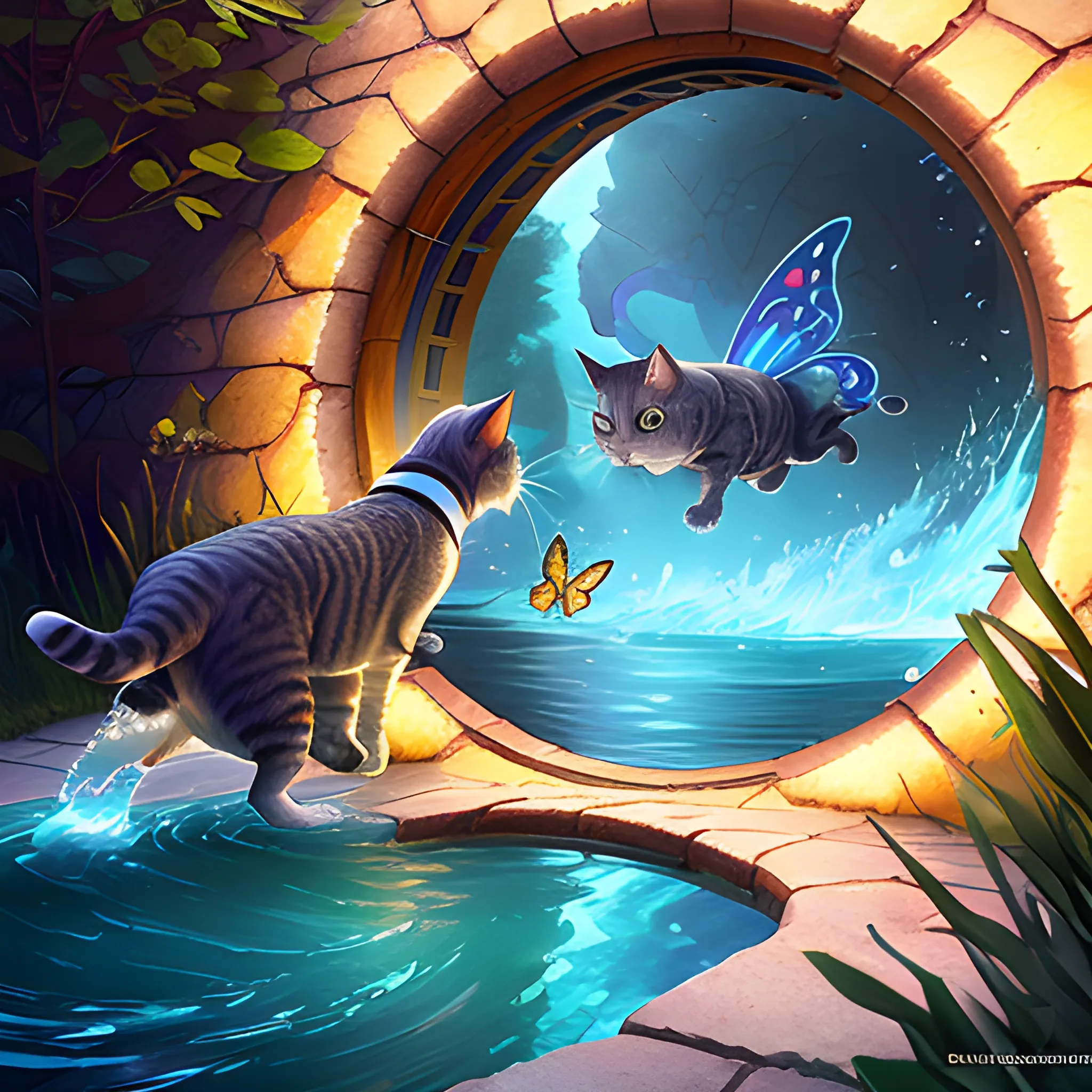 a wholesome cottagecore illustration of a cat chasing a butterfly through a portal to the 4th dimension, Pixar and Disney animation, sharp, Rendered in Redshift and Unreal Engine 5 by Greg Rutkowski, Bloom, dramatic lighting, Water Color, Cartoon, Trippy