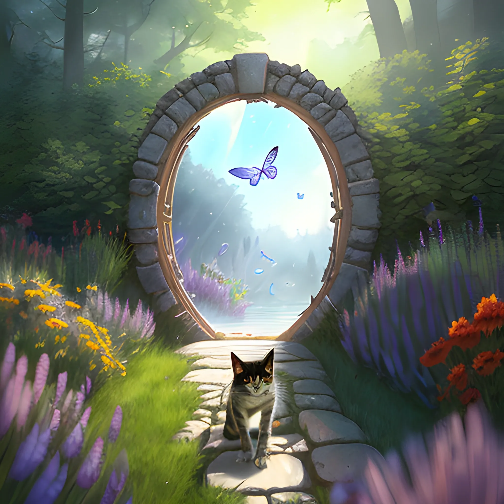 a wholesome cottagecore illustration of a cat chasing a butterfly through a portal to the 4th dimension, Pixar and Disney animation, sharp, Rendered in Redshift and Unreal Engine 5 by Greg Rutkowski, Bloom, dramatic lighting, Water Color, Cartoon, Trippy, Pencil Sketch