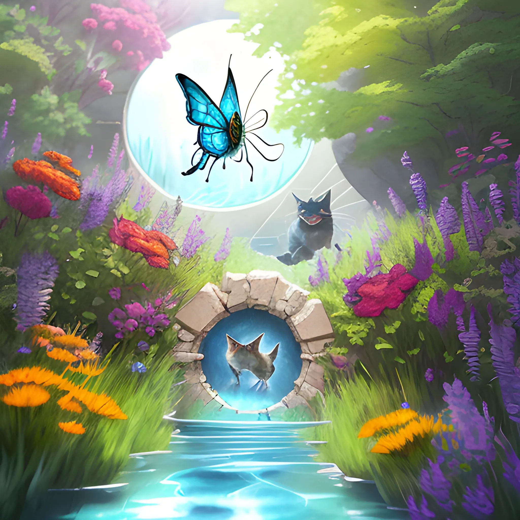 a wholesome cottagecore illustration of a cat chasing a butterfly through a portal to the 4th dimension, Pixar and Disney animation, sharp, Rendered in Redshift and Unreal Engine 5 by Greg Rutkowski, Bloom, dramatic lighting, Water Color, Cartoon, Trippy, Pencil Sketch, Pencil Sketch