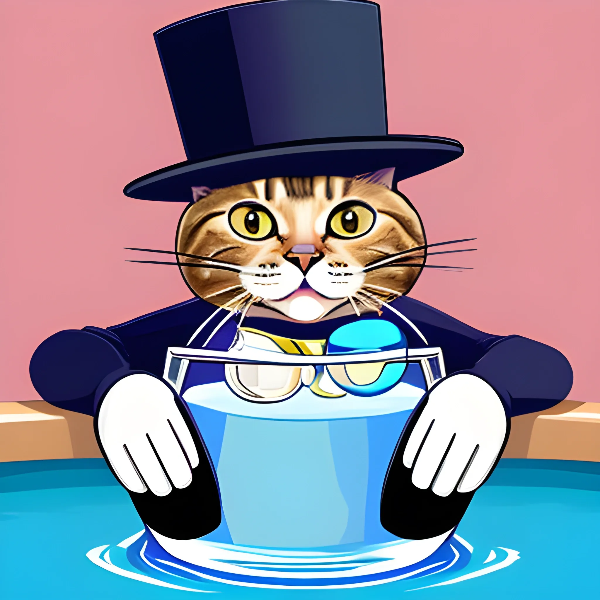 caricatura de un gato siames sentado como un humano en un flotador, con sombrero y un vaso de agua