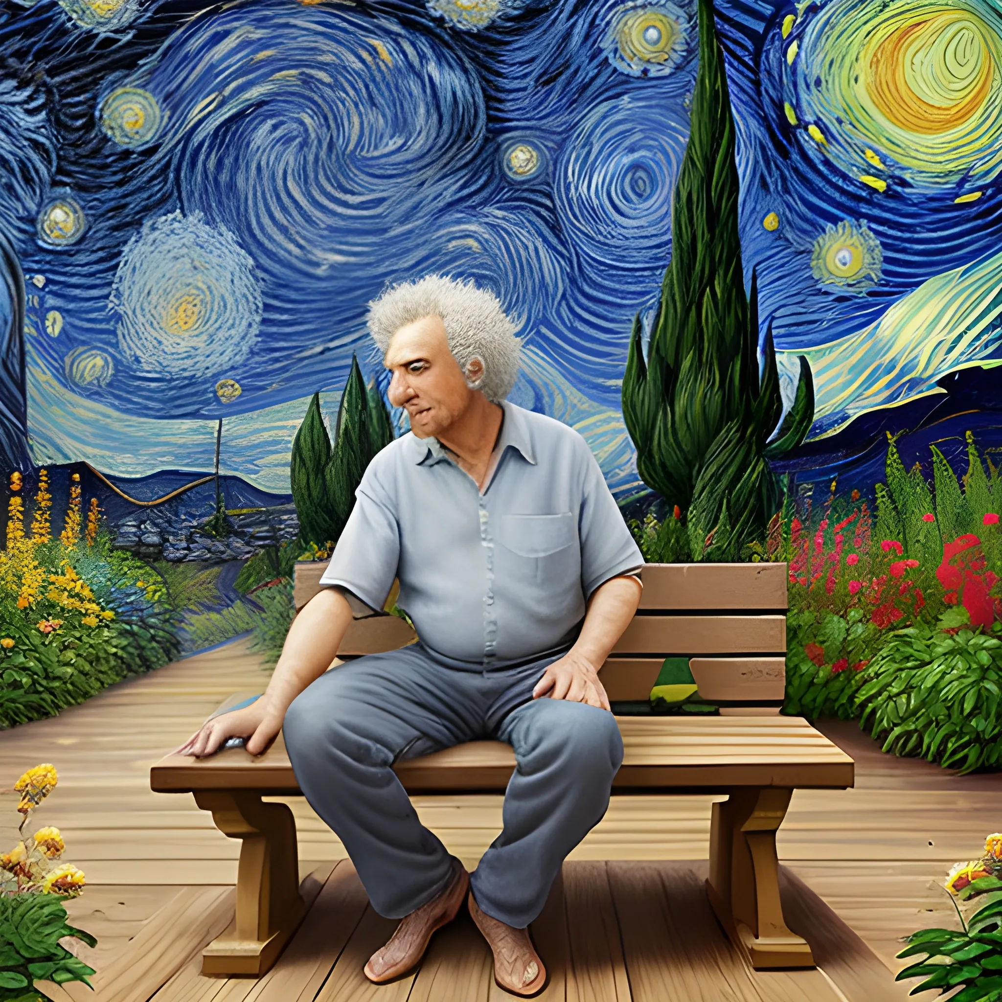 A stunning full-body, front-view drawing of a 60 years old man with short, curly gray hair, Casual wearing. He is sitting on a wooden bench in a lush garden, surrounded by various vibrant flowers. The background reveals a captivating Gogh-style starry night sky, with twinkling stars and swirling clouds. The scene is composed with 25 steps using the Euler sampler and a CFG scale of 6. Oil Painting