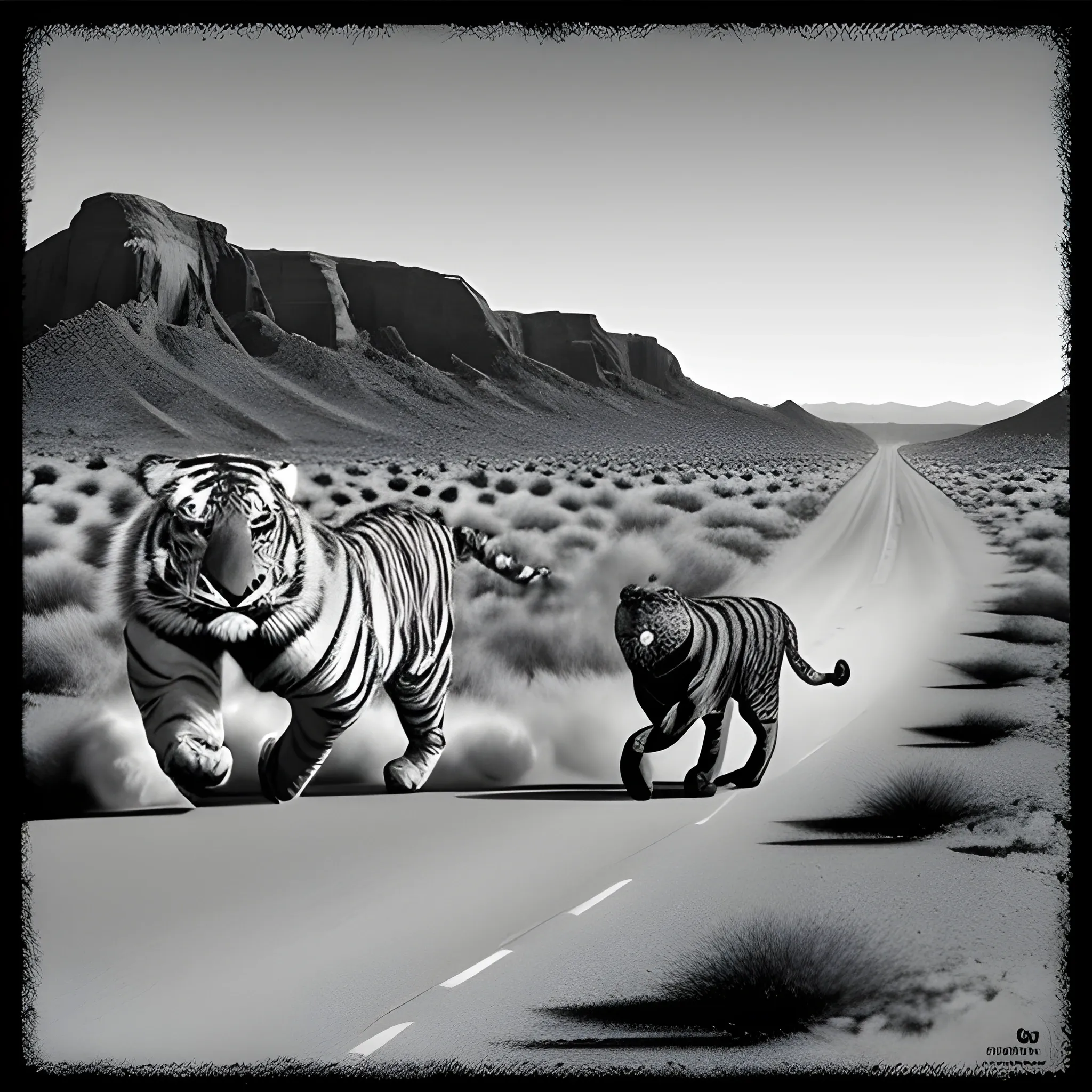 Black and white poster of a van and a gigant tiger, running on a rute in the desert, Realistic