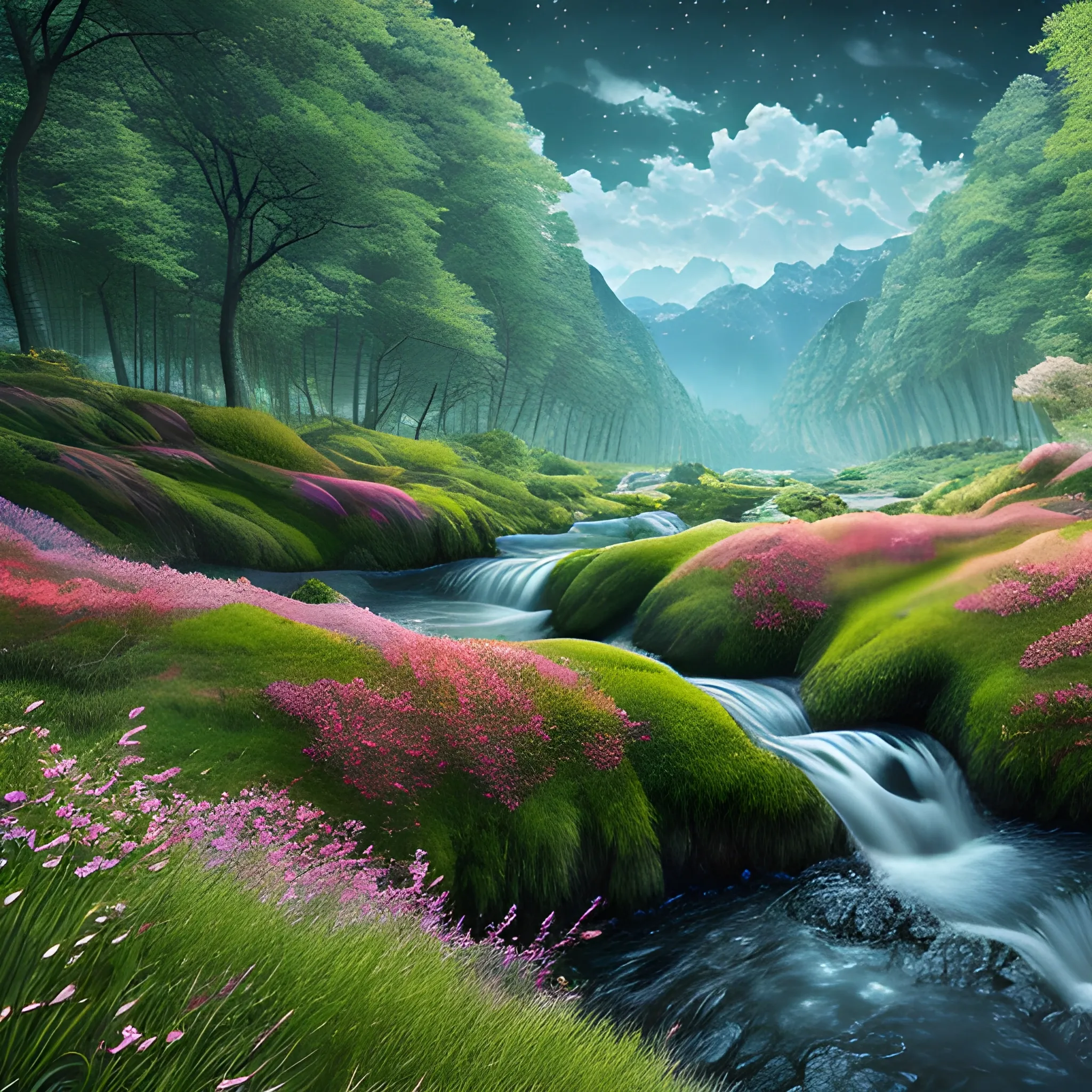 A realistic beautiful natural landscape, 4k resolution, hyper detailed, Trippy