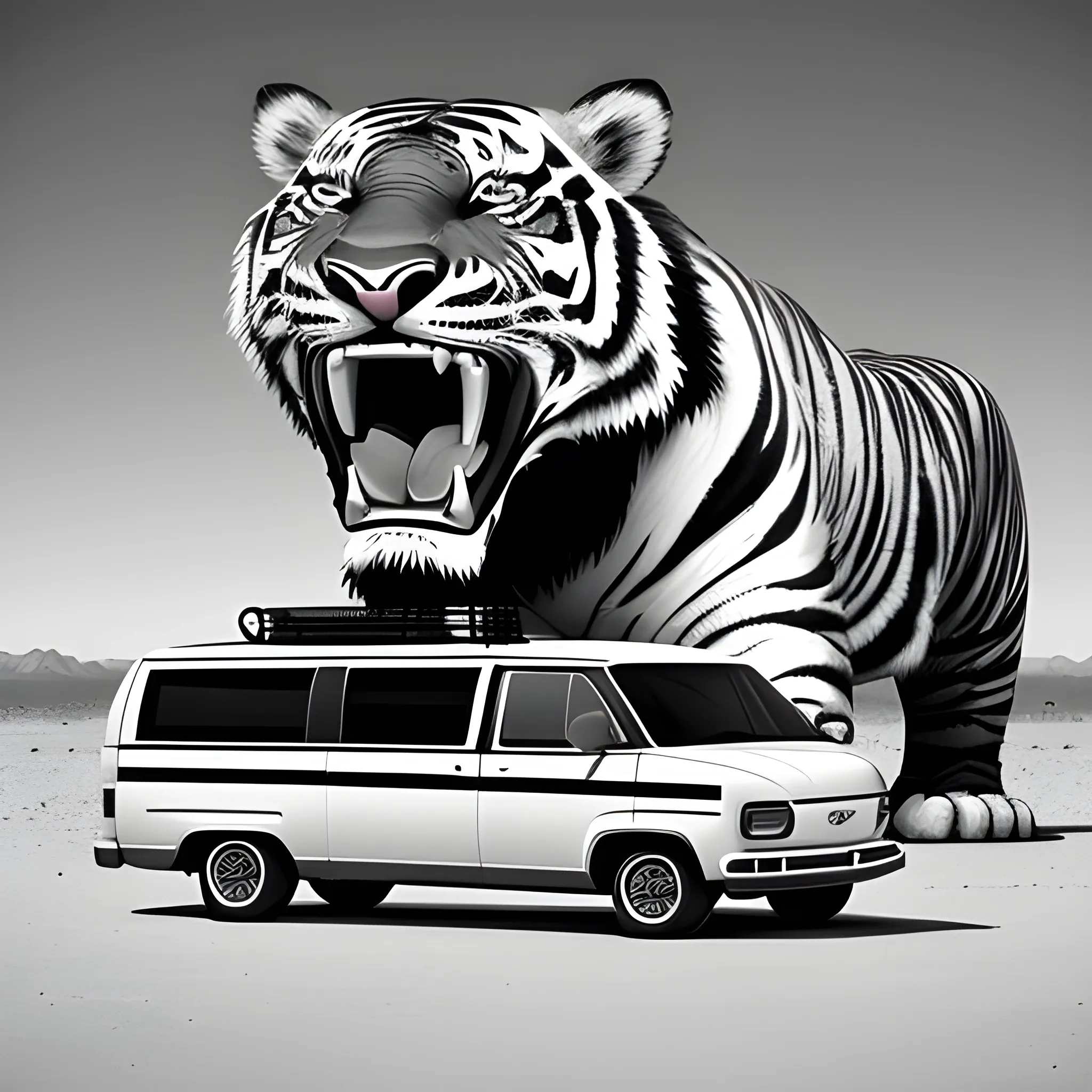 Black and white poster of a chevrolet van and a gigant tiger, running on a rute in the desert, animatronics