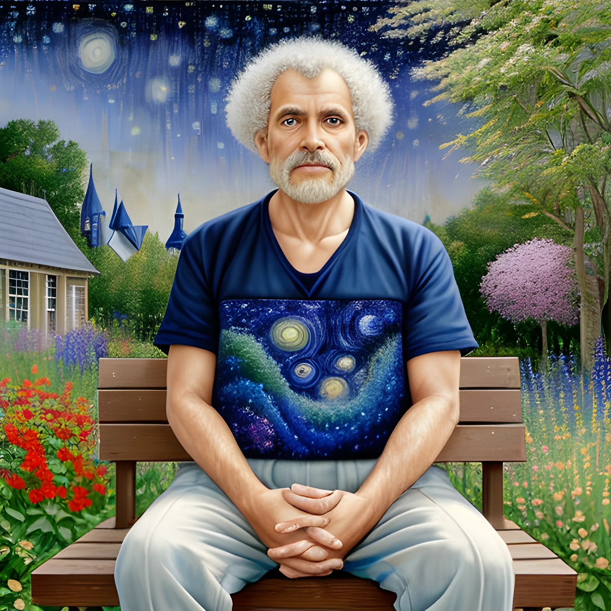 A stunning full-body, front-view of a 60 years old man with short, curly gray hair, Casual wearing. Looking to the camera. He is sitting on a wooden bench in a lush garden, surrounded by various vibrant flowers. The background reveals a captivating Gogh-style starry night sky, with twinkling stars and swirling clouds. The scene is composed with 25 steps using the Euler sampler and a CFG scale of 6. Oil Painting