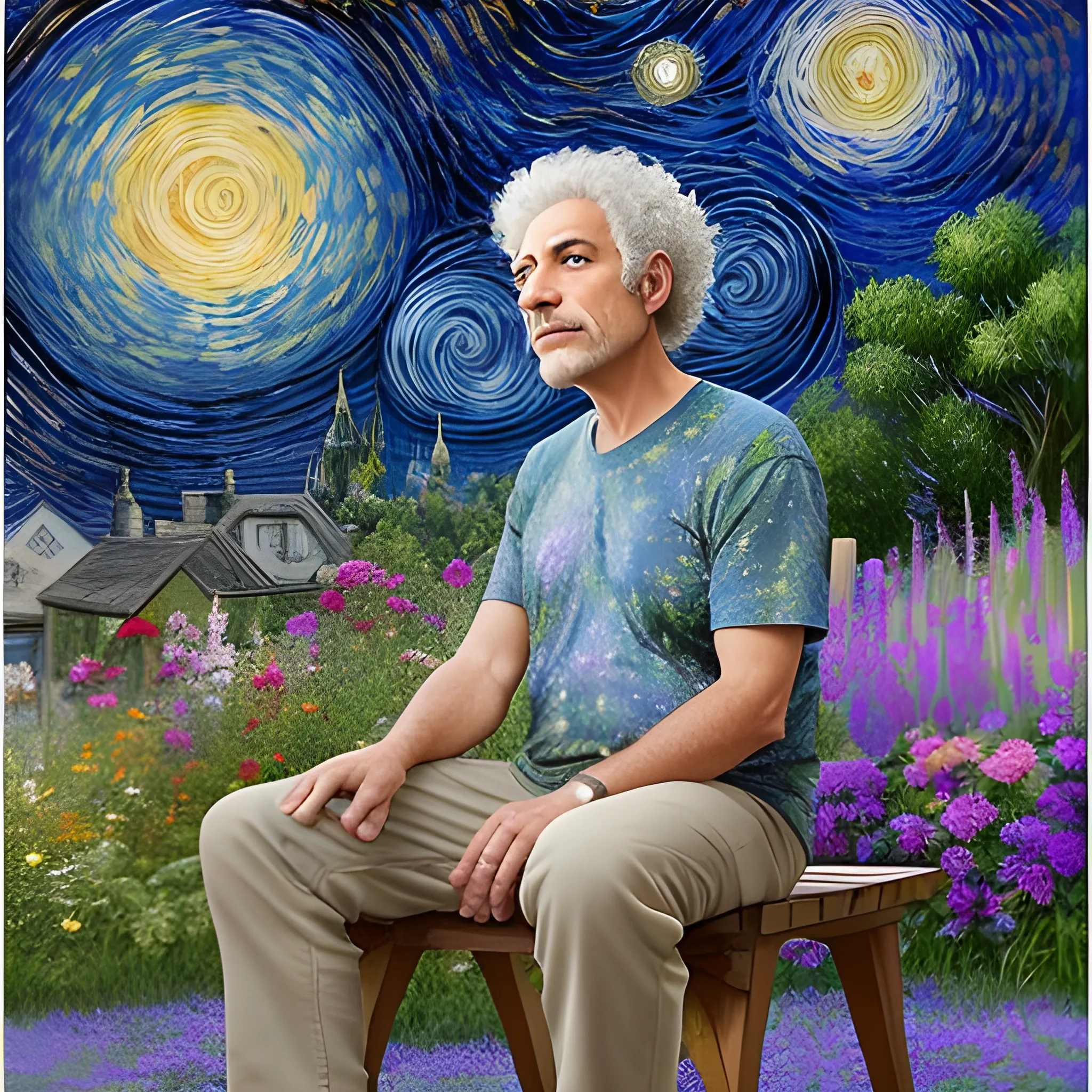 A stunning full-body, front-view of a 60 years old man with short, curly gray hair, Casual wearing. Looking to the camera. Hands not visible, short hair. He is sitting on a wooden bench in a lush garden, surrounded by various vibrant flowers. The background reveals a captivating Gogh-style starry night sky, with twinkling stars and swirling clouds. The scene is composed with 25 steps using the Euler sampler and a CFG scale of 6. , 