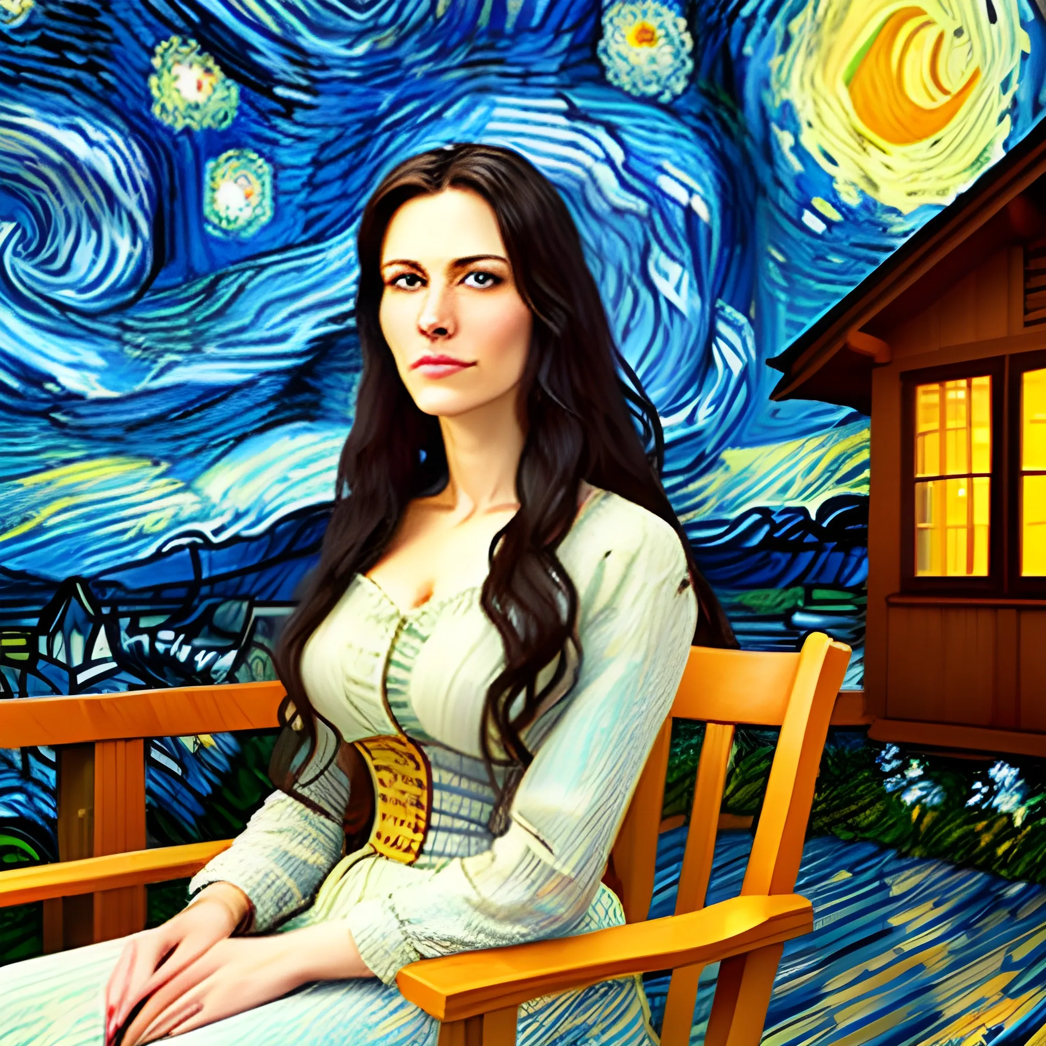 realistic image of a beautiful young girl, with long wavy black hair, sitting on a rocking chair in a porch, wooden house, at the background there is a van gogh starry night style sky, swirling clouds, close up view