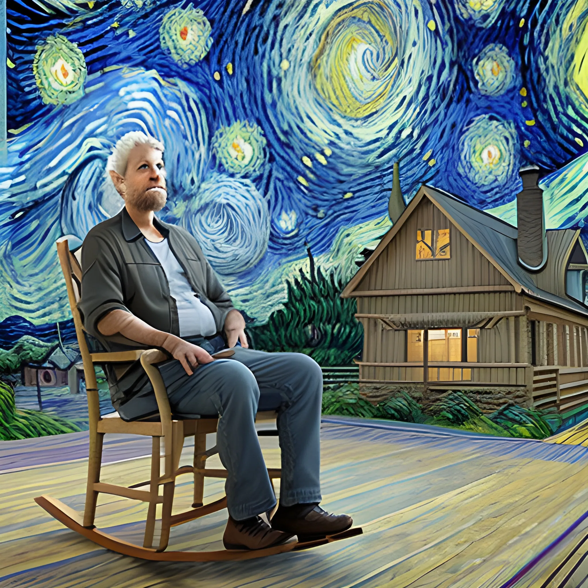 realistic image of a 60 years old man with short, curly gray hair, sitting on a rocking chair in a porch, looking to the camera, a wooden house seen on left side, at the background there is a van gogh starry night style sky, swirling clouds, close up view