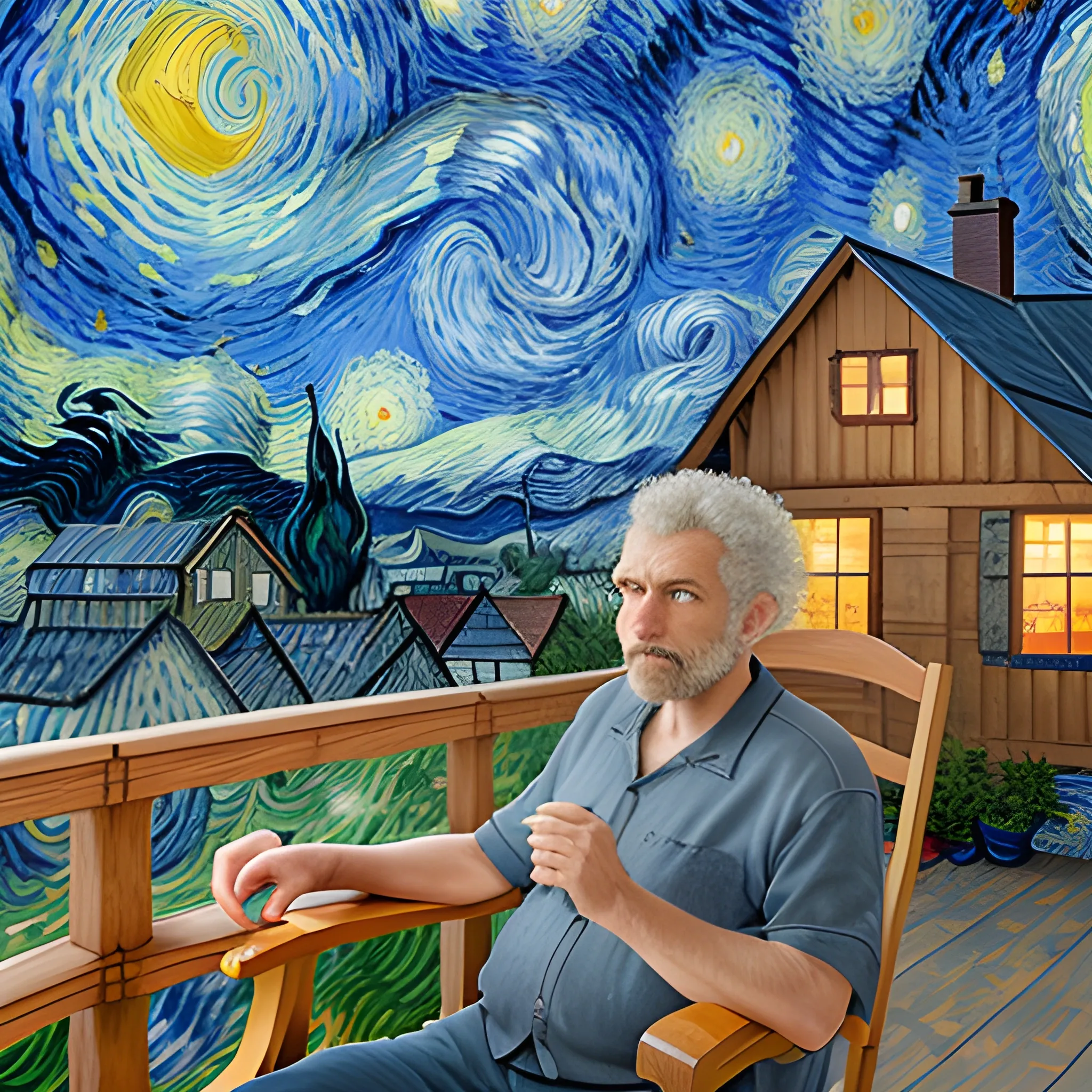 realistic image of a 60 years old man with short, curly gray hair, sitting on a rocking chair in a porch, looking to the camera, a wooden house seen on left side, at the background there is a van gogh starry night style sky, swirling clouds, close up view, Oil Painting