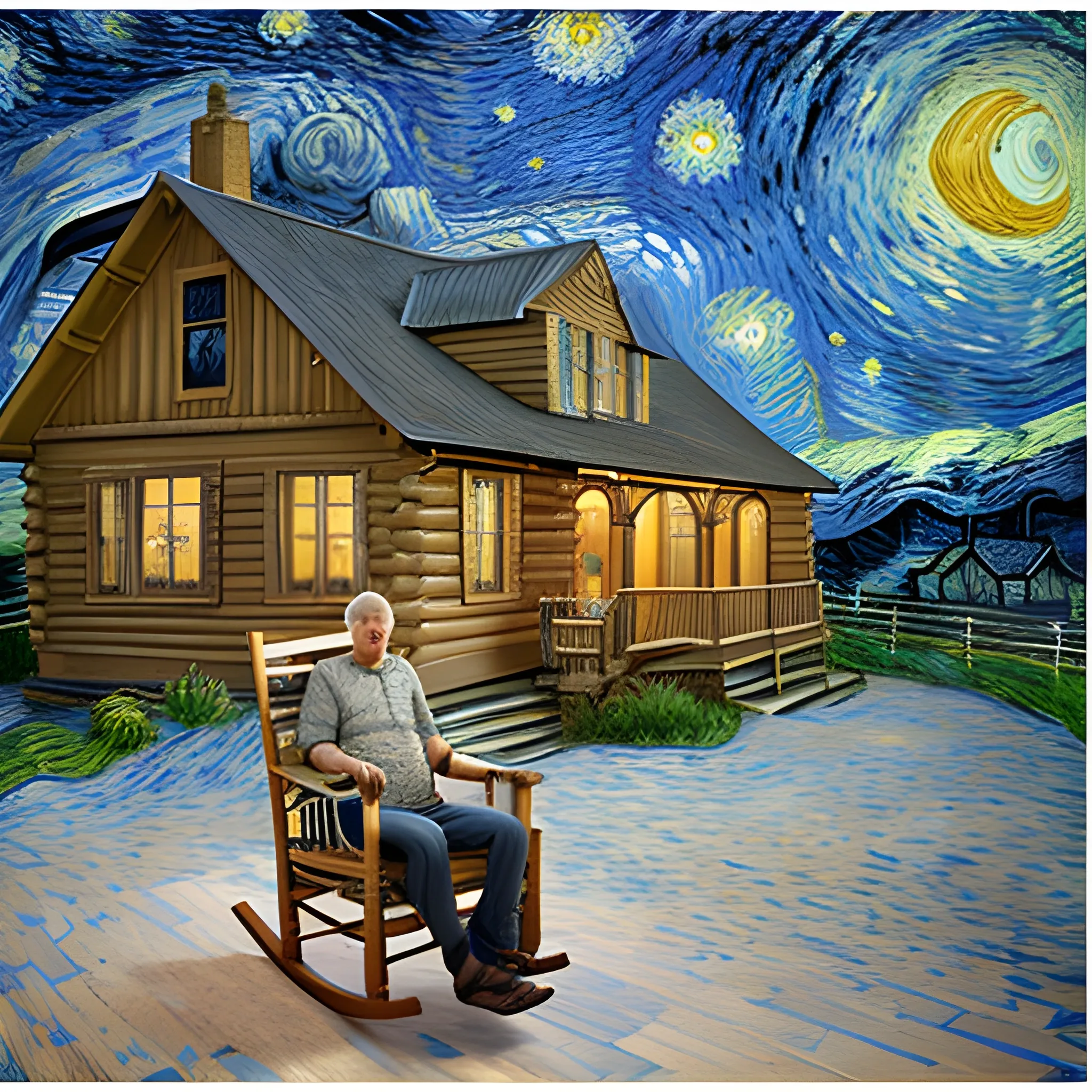 realistic image of a 60 years old man with short, curly gray hair, sitting on a rocking chair in a porch, looking to the camera, a wooden house seen on left side, at the background there is a van gogh starry night style sky, swirling clouds, close up view,  Cartoon