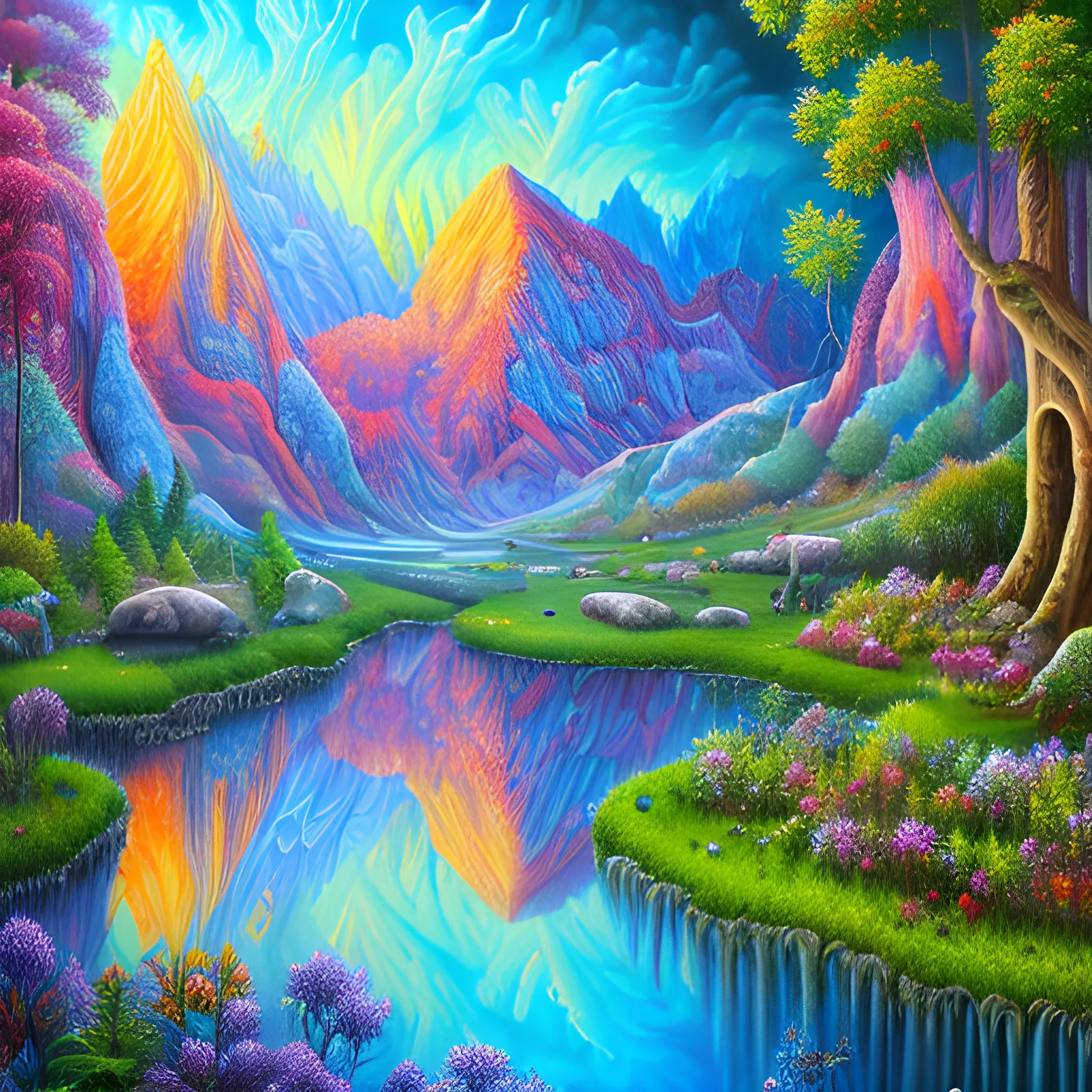 A realistic beautiful natural landscape, 4k resolution, hyper detailed, Trippy, Oil Painting, Cartoon